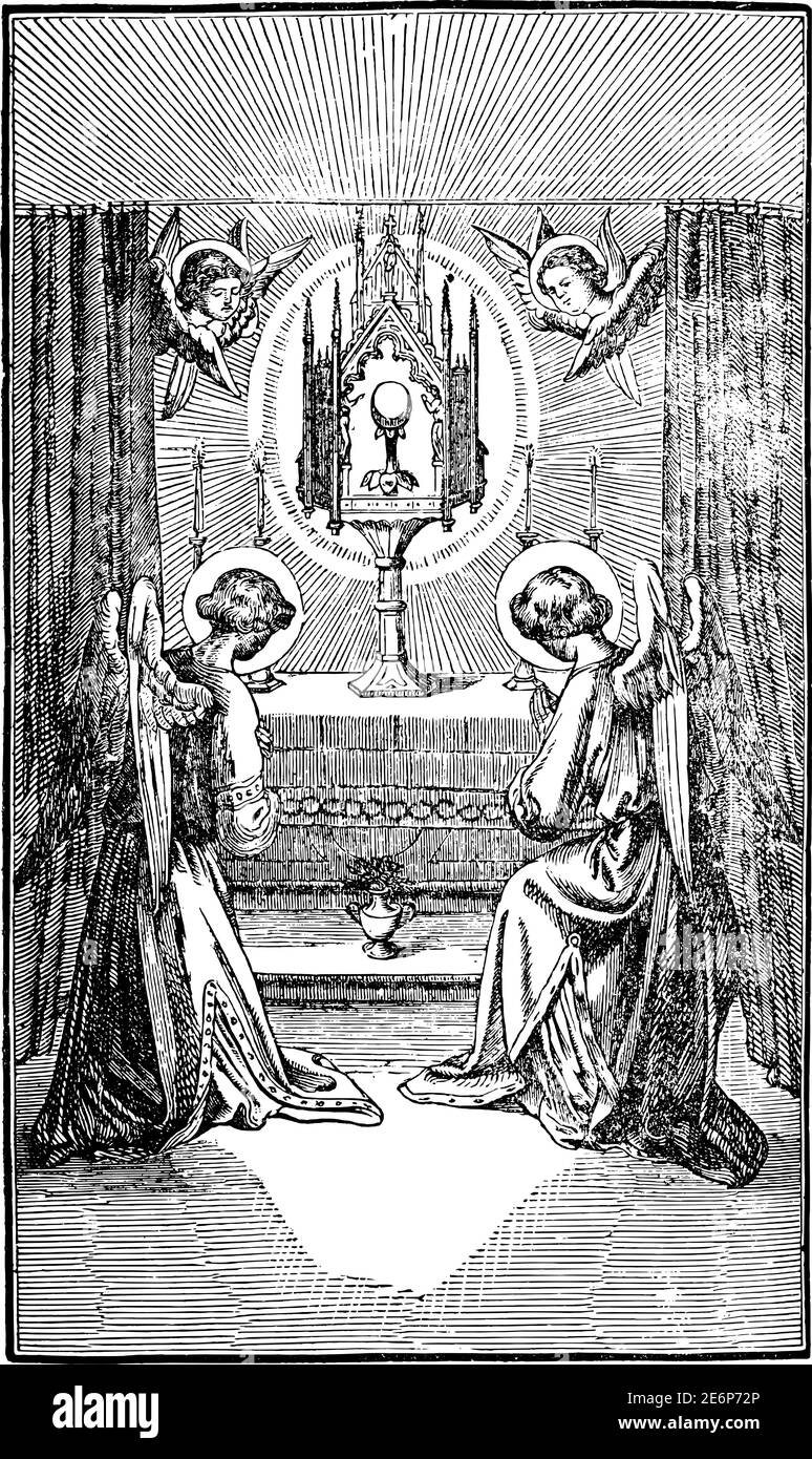 Due cherubini o angeli pregano di altare con corpo di Cristo, ospite, pane sacramentale o wafer. Antica incisione religiosa cristiana d'epoca o illustrazione di disegno. Illustrazione Vettoriale