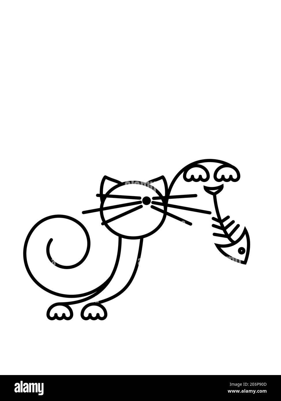 Stampa Cat. Gattino divertente che gioca con un pesce. Illustrazione minimalista Art. Illustrazione Vettoriale