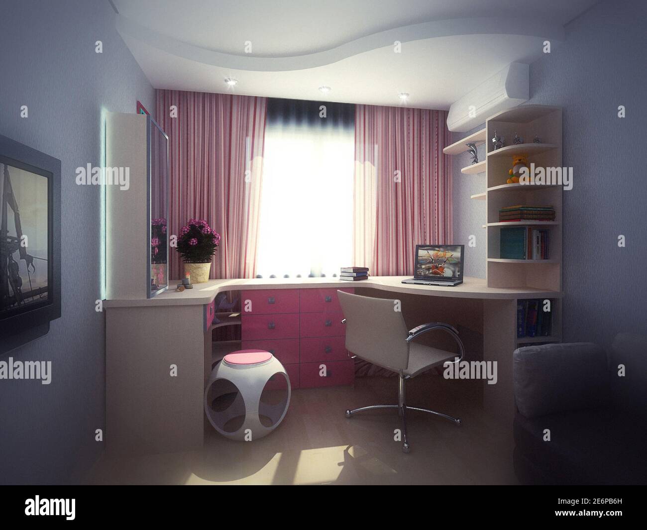 illustrazione 3d del design interno della camera da letto per bambini per una ragazza Foto Stock