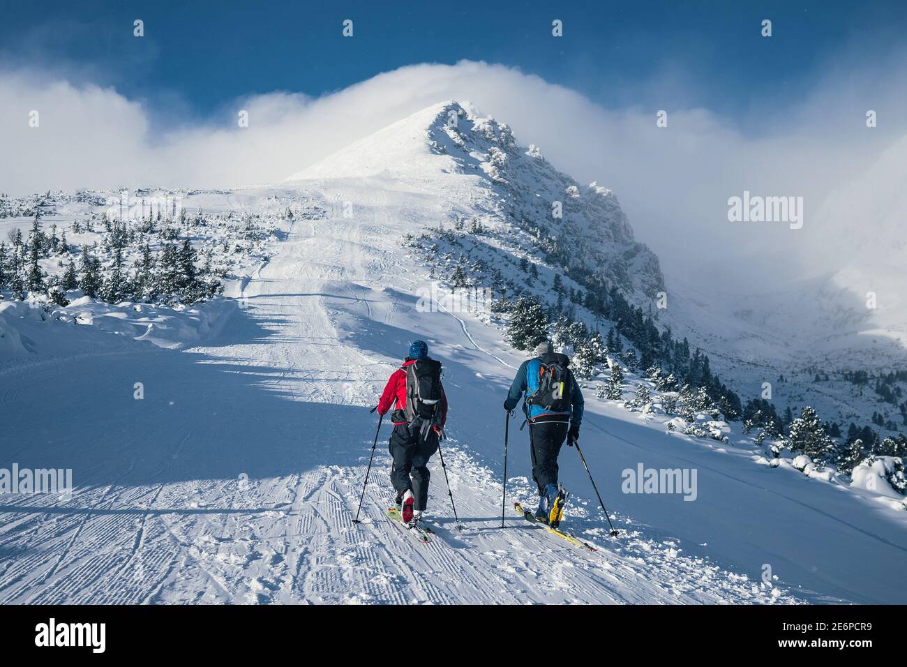 Gruppo di sci di fondo coppia di uomo e donna verso la cima della montagna. Gruppo di alpinisti si sono arrampicati in cima in inverno. Foto Stock