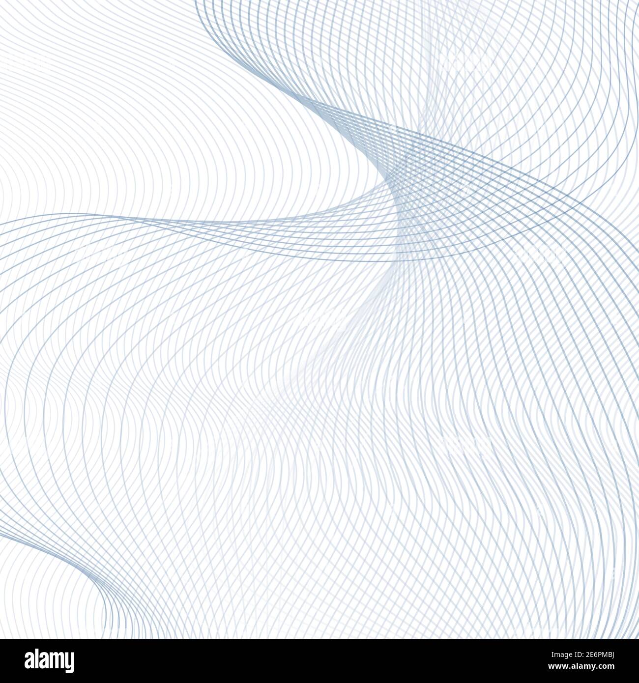 Forme d'onda blu-grigio volanti, sfondo bianco. Curve sottili intrecciate. Righe astratte. Radio, onde sonore. Stile industriale, design tecnologico. Vettore EPS10 Illustrazione Vettoriale