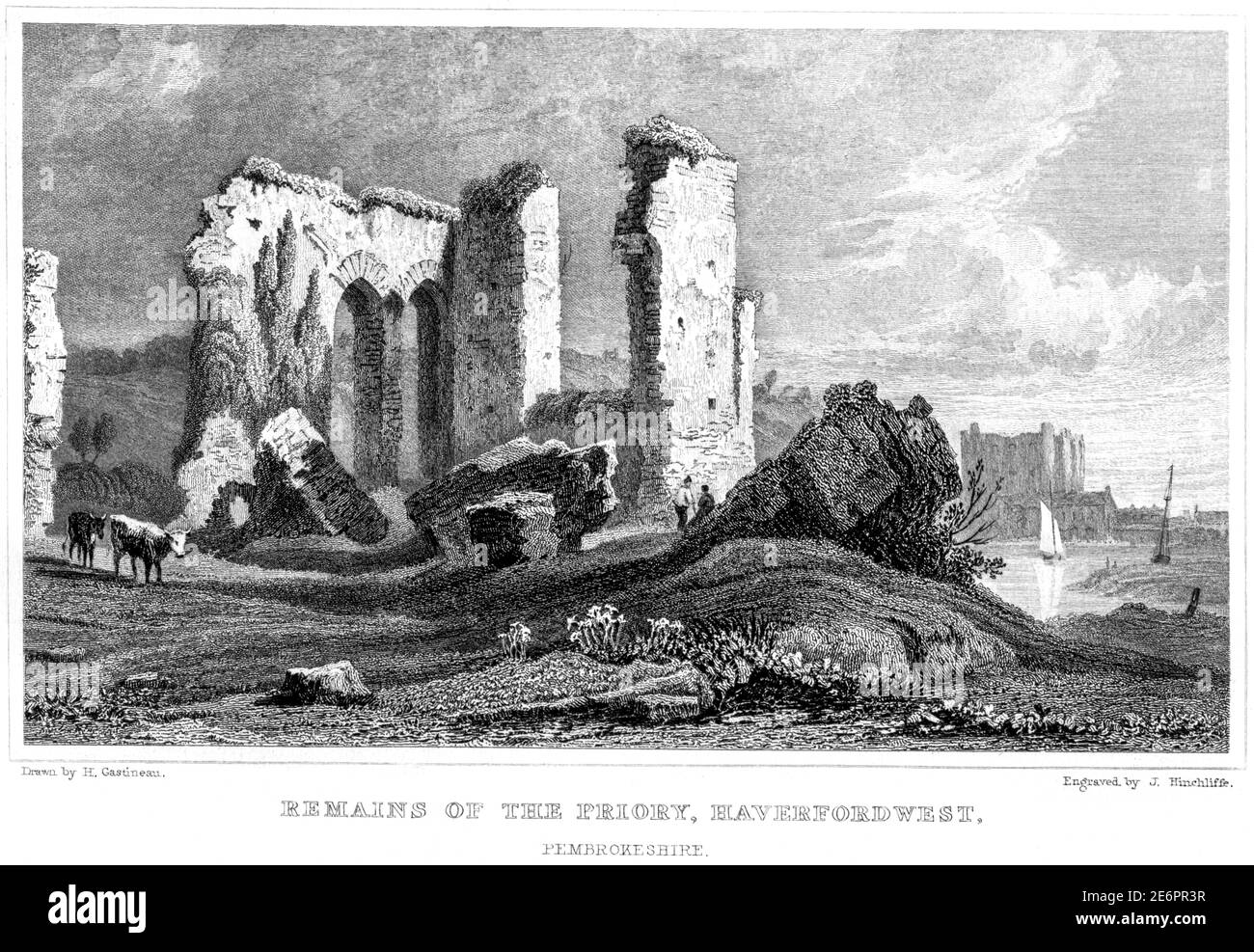 Un'incisione dei resti del Priorato, Haverfordwest, Pembrokeshire scannerizzato ad alta risoluzione da un libro pubblicato nel 1854. Foto Stock
