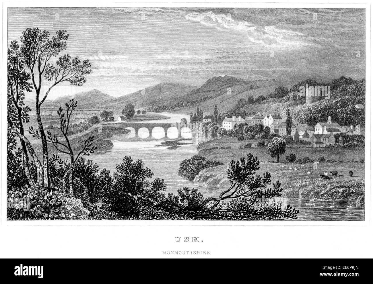 Un'incisione di Usk, il Monmouthshire scansionò ad alta risoluzione da un libro pubblicato nel 1854. Creduto esente da copyright. Foto Stock