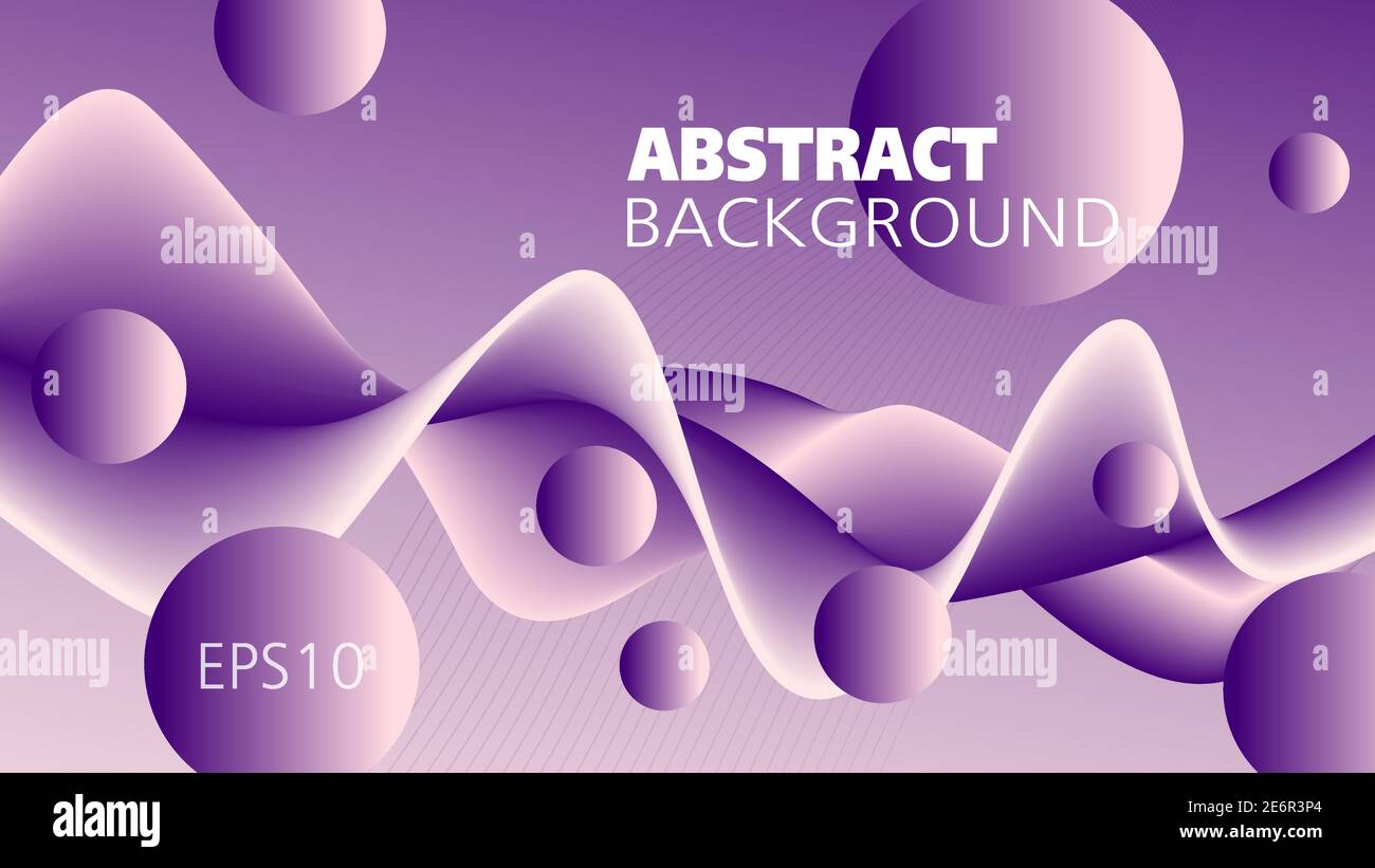 Viola brillante, viola, liquido rosa. Sfondo colorato. Pattern d'onda astratto e sfere. Forma 3d scorrevole, illusione del movimento. Design futuristico. EPS10 Illustrazione Vettoriale