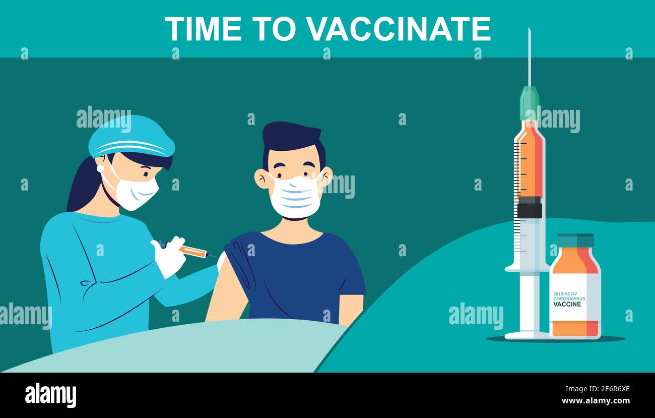 Tempo di vaccinare. Virus Corona, concetto di consapevolezza vaccinale Covid-19. Illustrazione piatta. Illustrazione Vettoriale