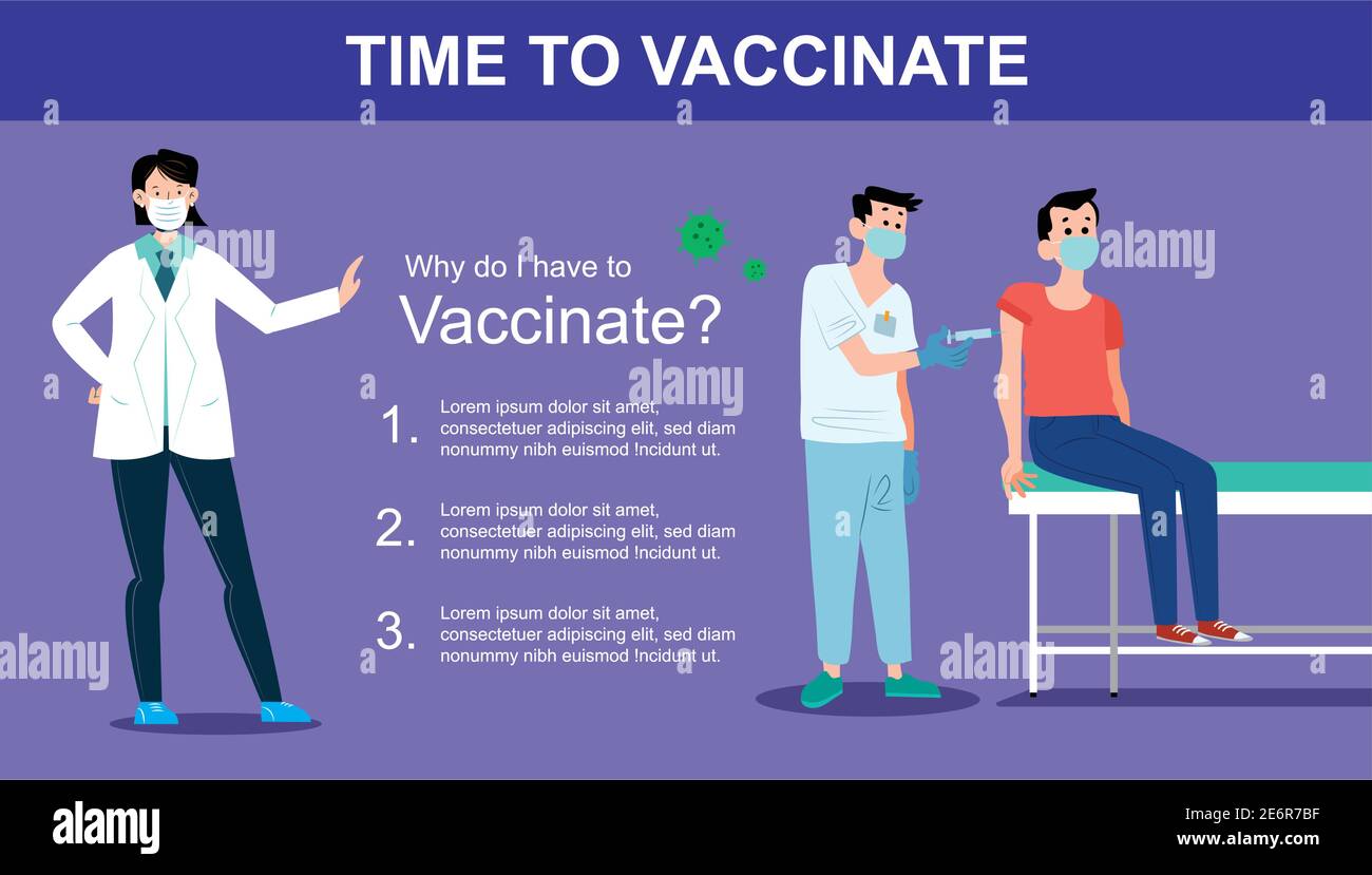 Tempo di vaccinare. Virus Corona, concetto di consapevolezza vaccinale Covid-19. Illustrazione piatta. Illustrazione Vettoriale