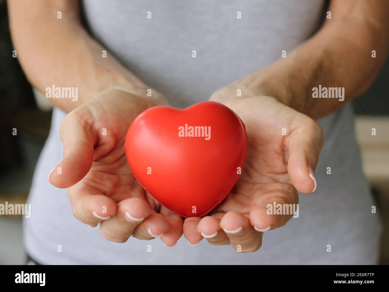Cuore rosso sulle mani della donna. Dare vita, donare sangue, concetti di fondazione caritativa Foto Stock