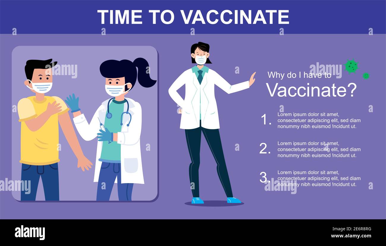 Tempo di vaccinare. Virus Corona, concetto di consapevolezza vaccinale Covid-19. Illustrazione piatta. Illustrazione Vettoriale