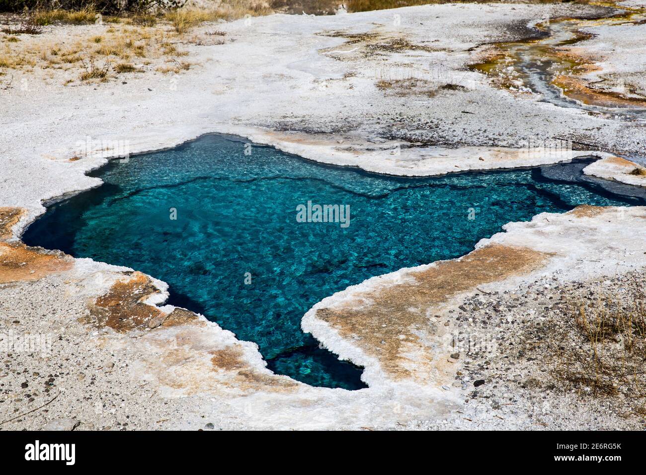 Le sorgenti termali sono le caratteristiche idro-termali più comuni di Yellowstone. Variano dall'acqua bollente simile alla moka di schiuma alle piscine limpide e calme. Foto Stock