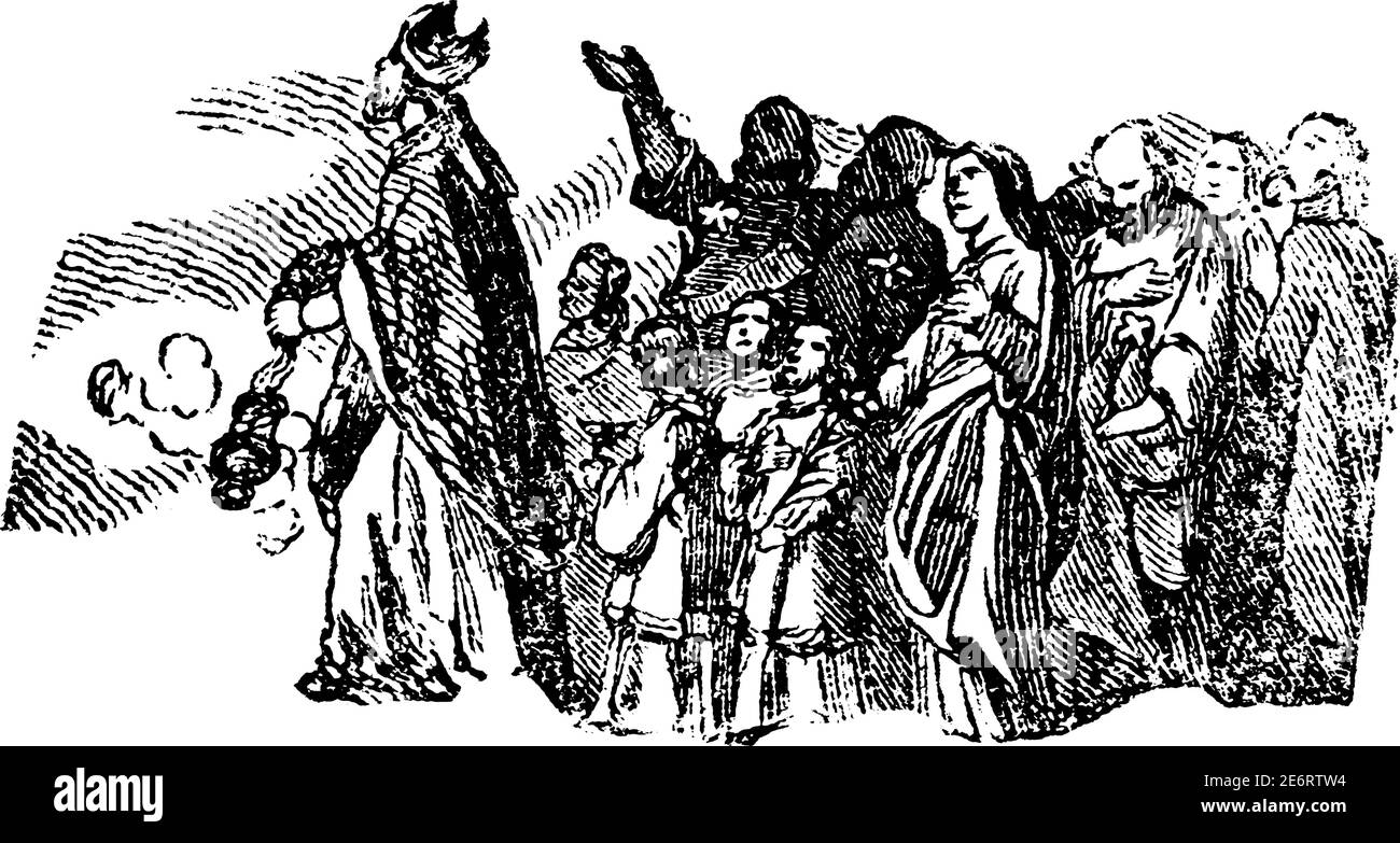 Processione di persone che pregano dopo il sacerdote. Antico vettore vintage cristiana religiosa incisione o illustrazione di disegno. Illustrazione Vettoriale