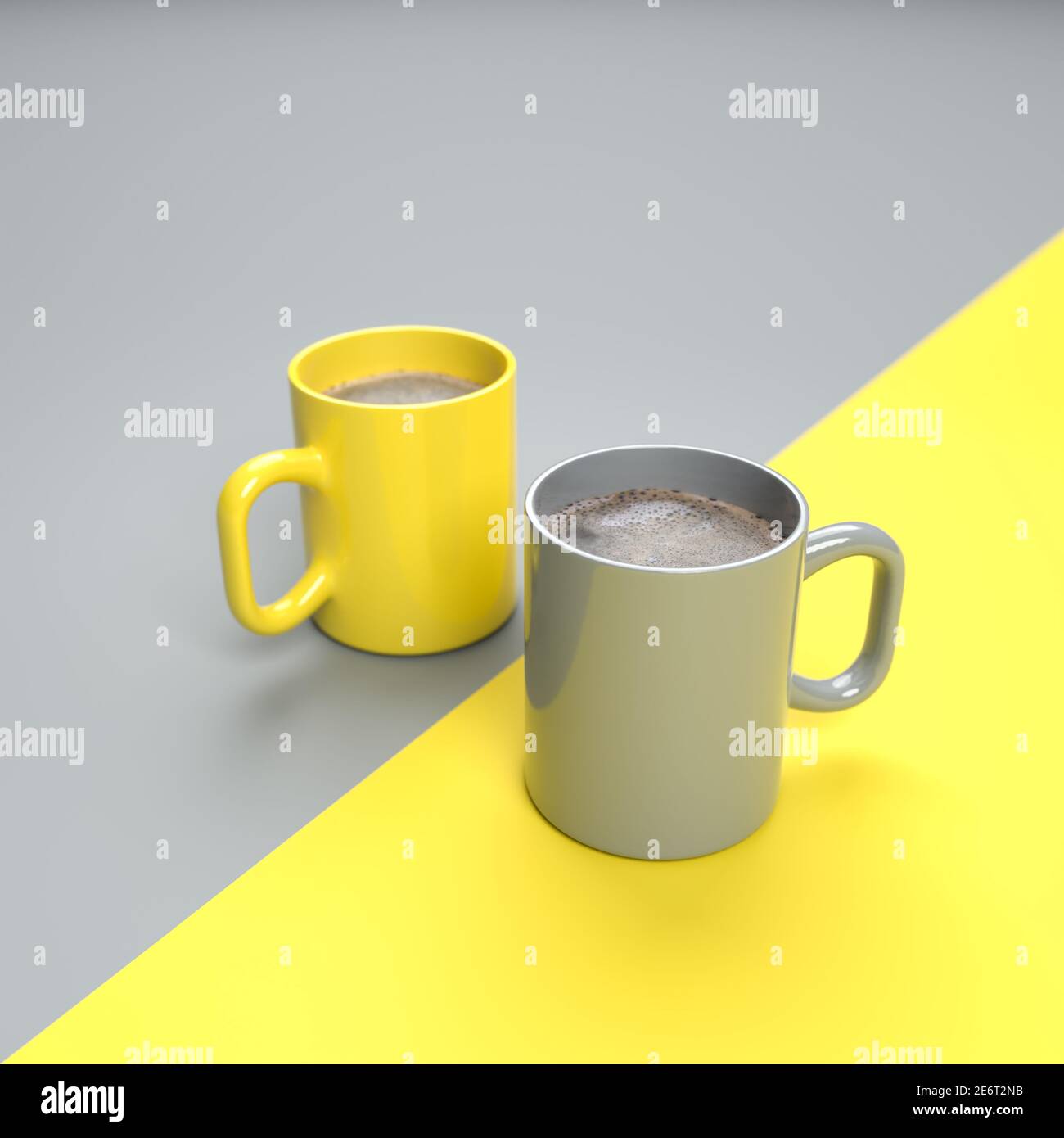 Due pentole di caffè appena fatto nei colori dell'anno 2021 illuminato giallo e grigio estremo. Entrambi i colori vengono utilizzati anche nell'area della superficie divisa Foto Stock