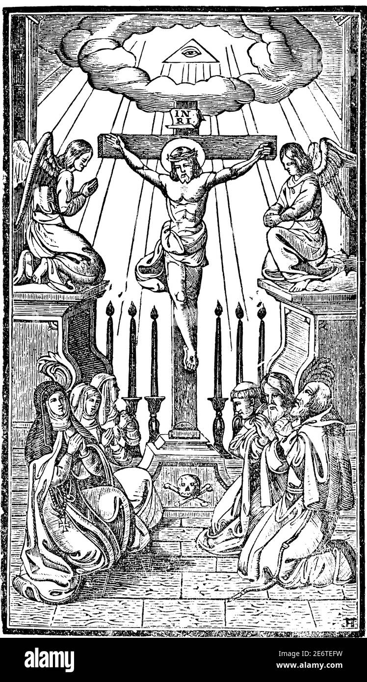 Monache e monaci pregano per Crocifisso Gesù Cristo sulla Croce. Antica incisione religiosa cristiana d'epoca o illustrazione di disegno. Illustrazione Vettoriale