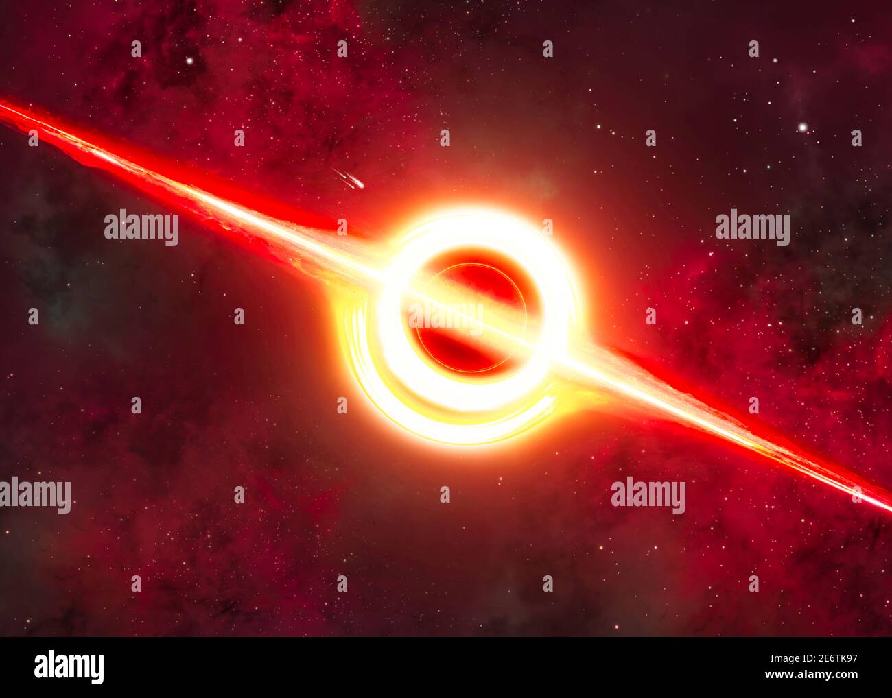 Campo gravitazionale di un buco nero, attrazione gravitazionale. Meteoriti e asteroidi in procinto di essere inghiottiti. Nuovi mondi e galassie. Nebulose Foto Stock