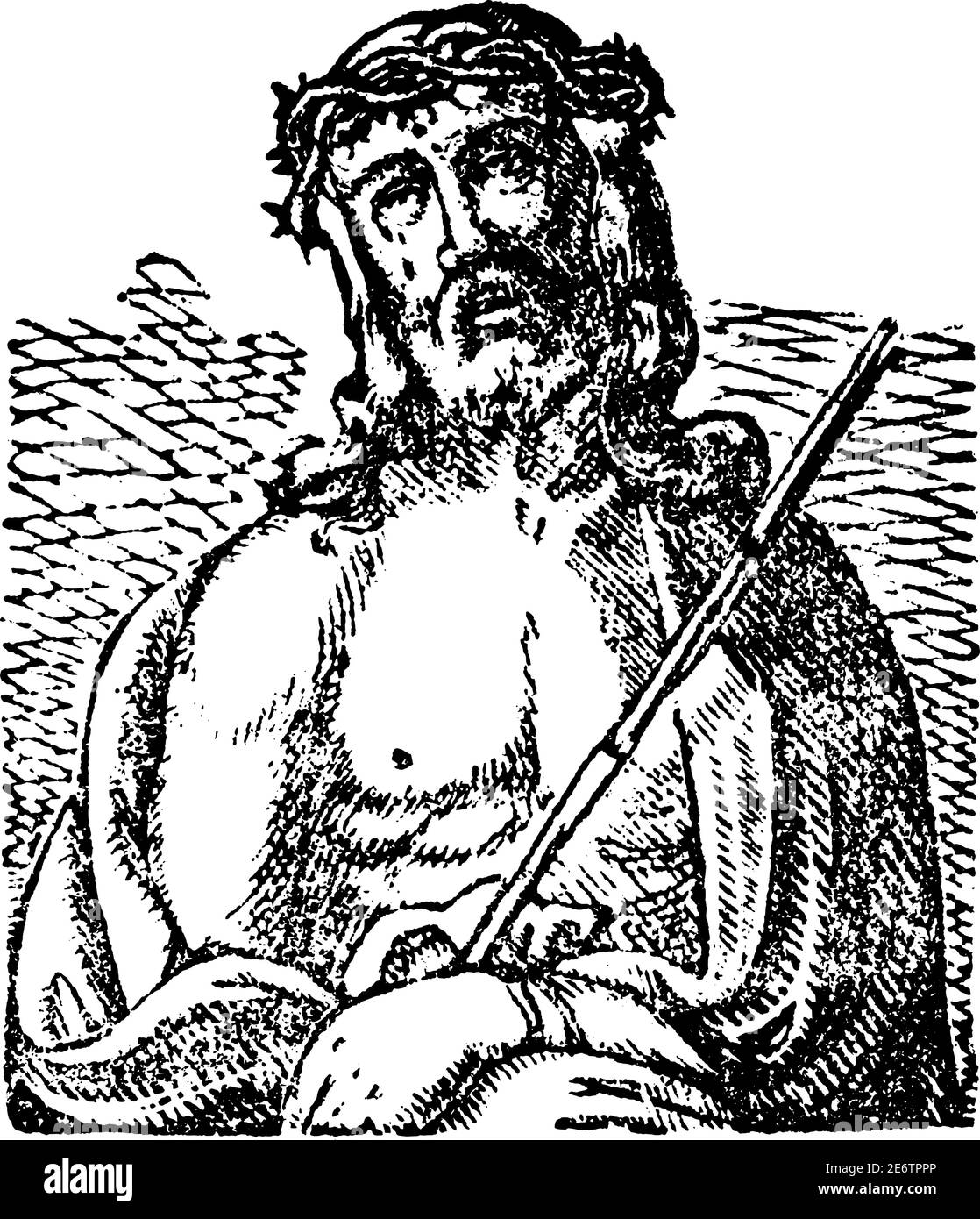 Gesù Cristo con corona di spine sulla testa. Antico vettore vintage cristiana religiosa incisione o illustrazione di disegno. Illustrazione Vettoriale