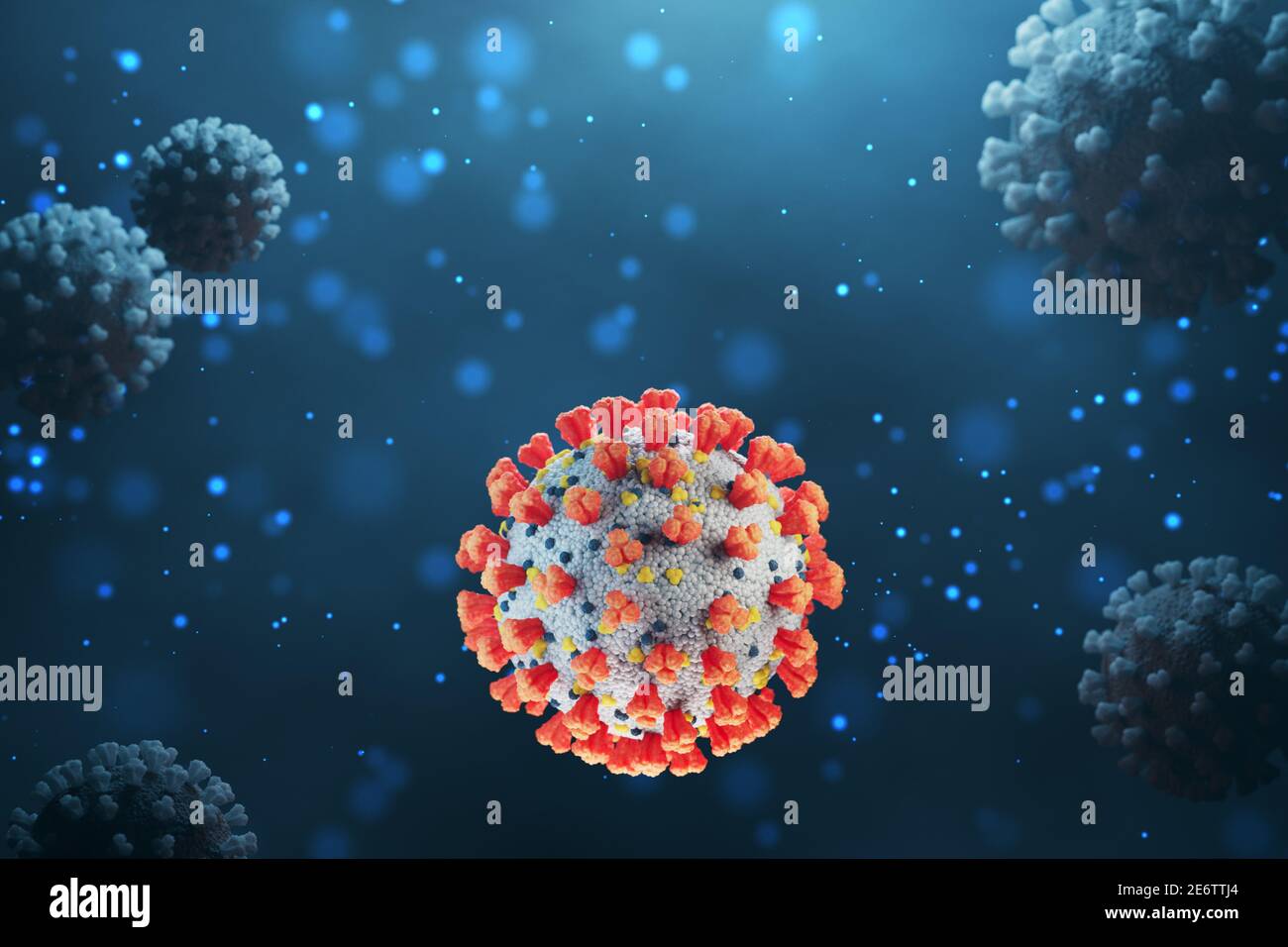 cellula di coronavirus o covid-19 con rendering 3d. Visione microscopica del virus. Cocept medico. Foto Stock