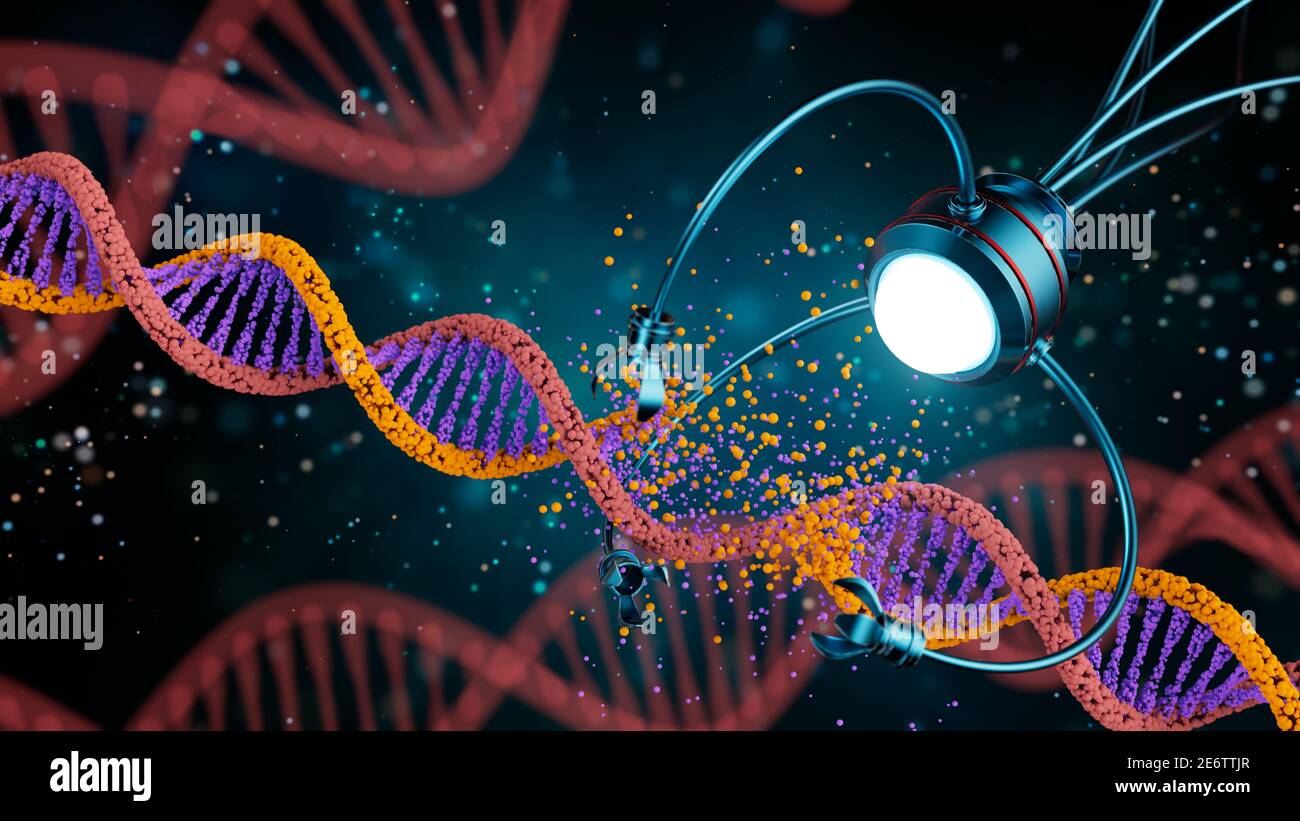 Concetto medico nel campo della nanotecnologia. Ingegneria genetica e uso di nanorobati per sostituire parte della molecola di DNA. Figura 3 D. Foto Stock
