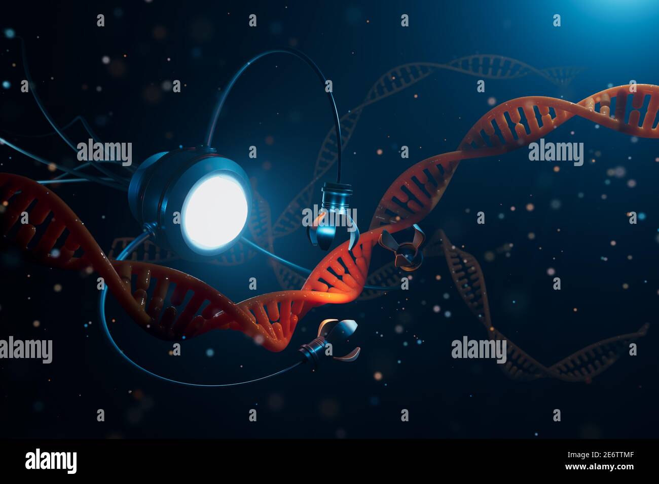 Concetto medico nel campo della nanotecnologia. Ingegneria genetica e uso di nanorobati per sostituire parte della molecola di DNA. Figura 3 D. Foto Stock