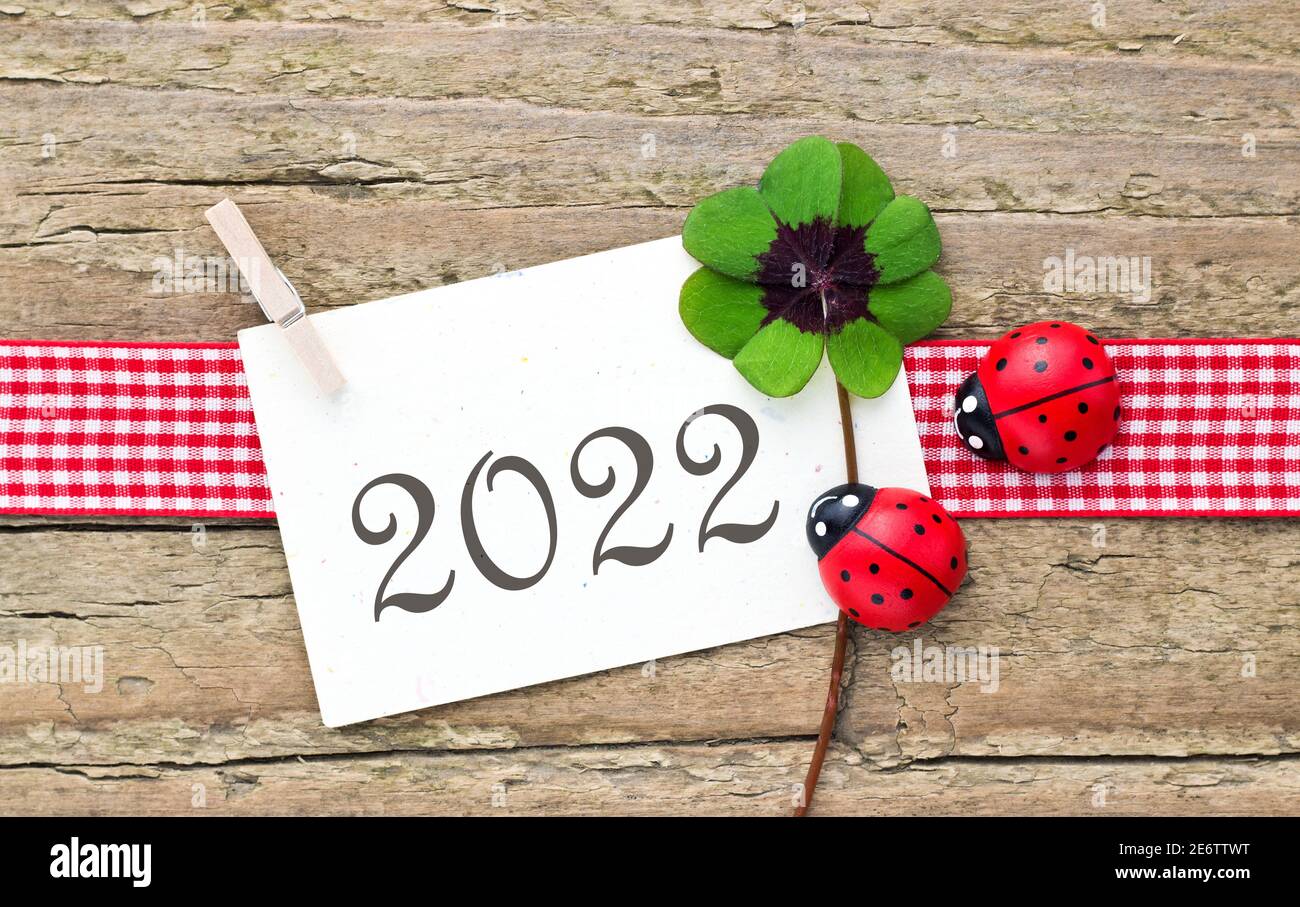 Tessera Capodanno per il 2022 con trifoglio e coccinelle Foto Stock