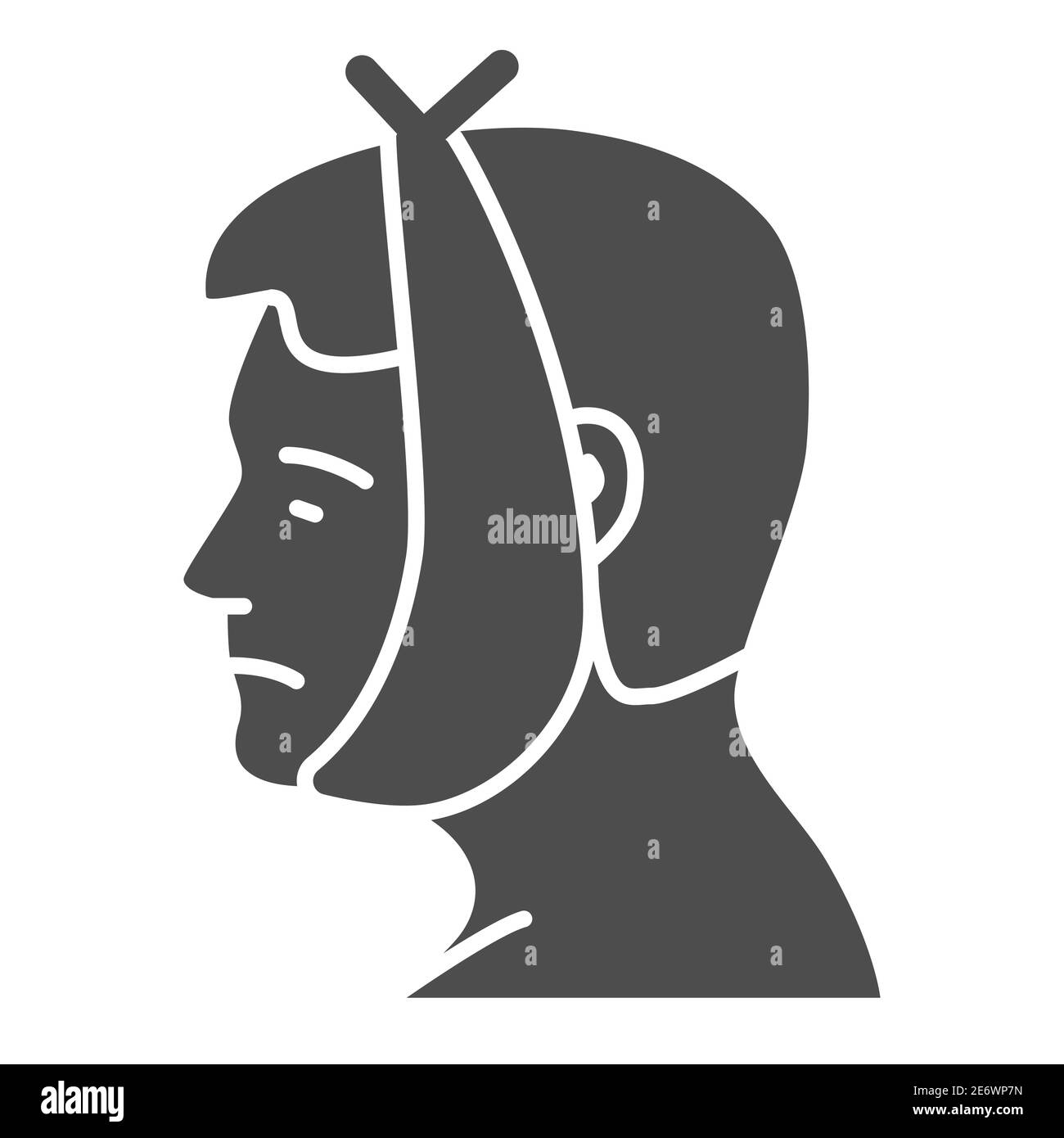 Dente e guancia danneggia icona solida, concetto di malattia, segno di mal di denti su sfondo bianco, testa umana in bendaggio con icona di mal di denti in stile glifo per Illustrazione Vettoriale