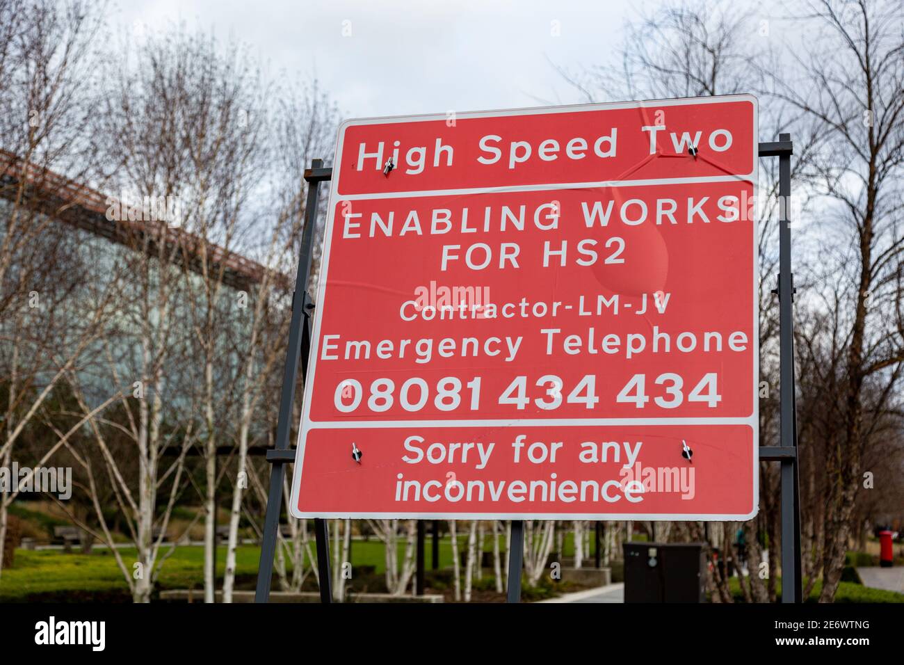 Cartello per lavori stradali e lavori di abilitazione per HS2, Birmingham, Regno Unito Foto Stock