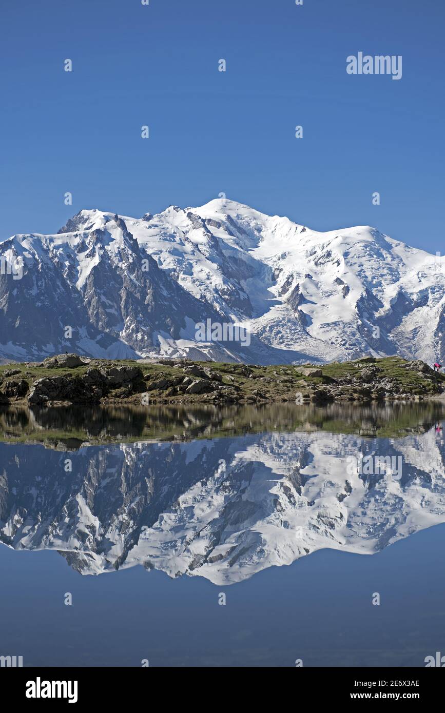 Francia, alta Savoia, Alpi, catena montuosa del Monte Bianco con Aiguille du midi (3842m) Midden, Monte Bianco (4810m) e Aiguille de Bionnassay (4052m a destra) che si riflette nel lac di Cheserys Foto Stock