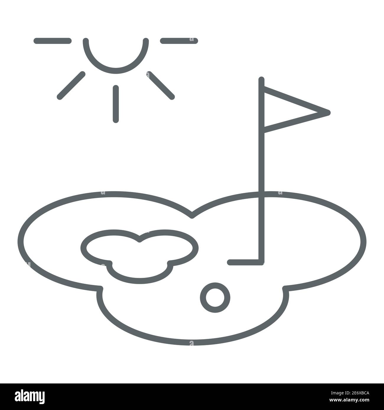 Campo da golf icona linea sottile, concetto di golf, campo da gioco segno su sfondo bianco, campo da golf con bandiera, palla e icona a forma di foro per il cellulare Illustrazione Vettoriale