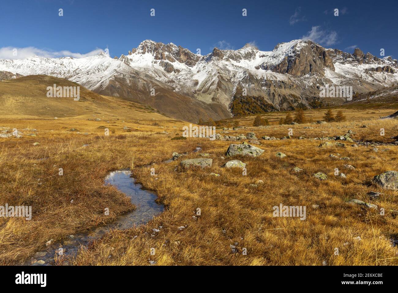 Francia, Hautes Alpes, Lautaret passo vista del Galibier e il massiccio del Cerces Foto Stock