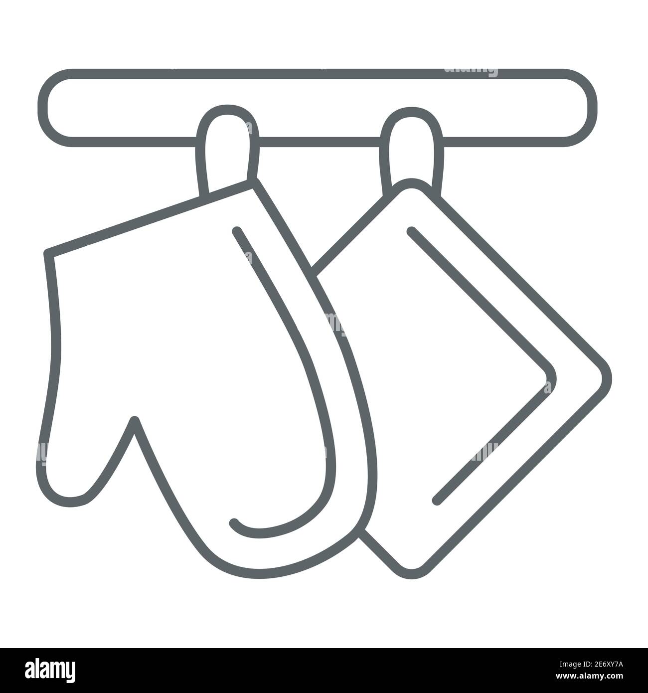 Forno-guanto e icona di linea sottile di potholder, concetto di accessori di cucina, segno tessile domestico di protezione di calore su sfondo bianco, forno mitt e potholder Illustrazione Vettoriale