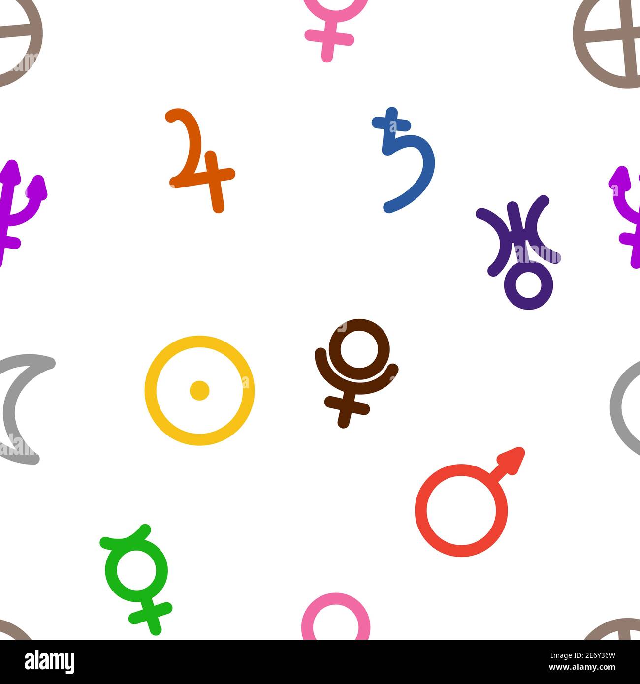 Modello senza giunture fatto di semplici simboli astrologici che rappresentano pianeti e. corpi celesti Illustrazione Vettoriale