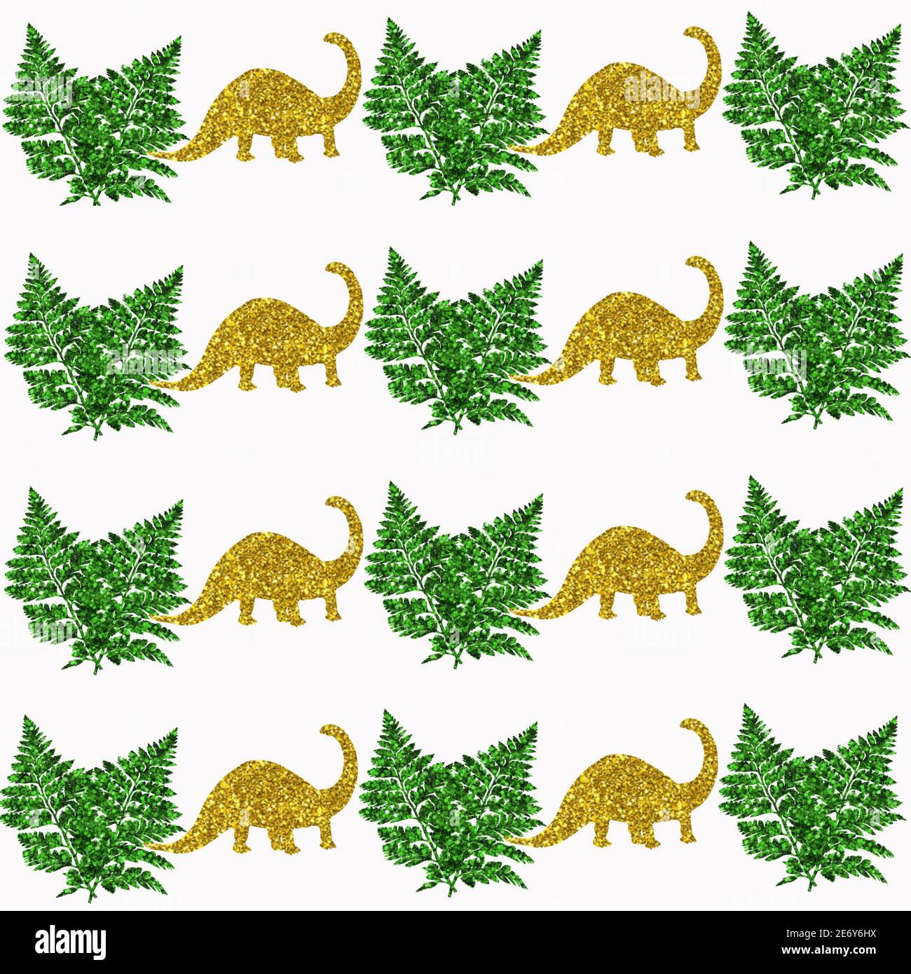 Illustrazione di dinosauri dorati e motivi di foglia verde su un sfondo bianco Foto Stock