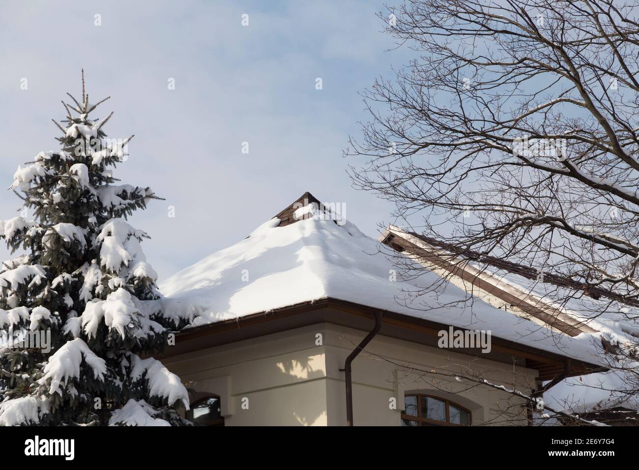 Neve sul tetto e il cielo nuvoloso. L'immagine contiene un abete rosso coperto di neve e un albero senza foglie. Foto Stock