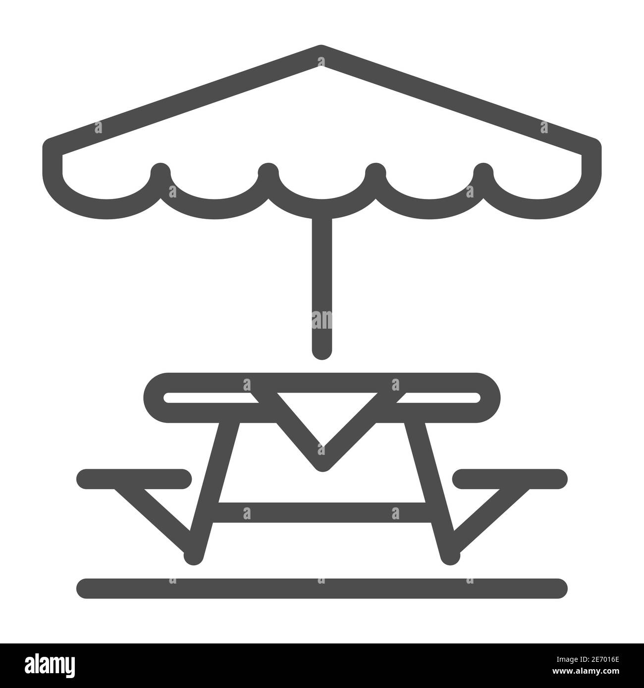 Tavolo da campeggio e panca con icona a ombrello, concetto di picnic, tavolo e panca fuori segno su sfondo bianco, tavolo esterno con icona ombrello in Illustrazione Vettoriale