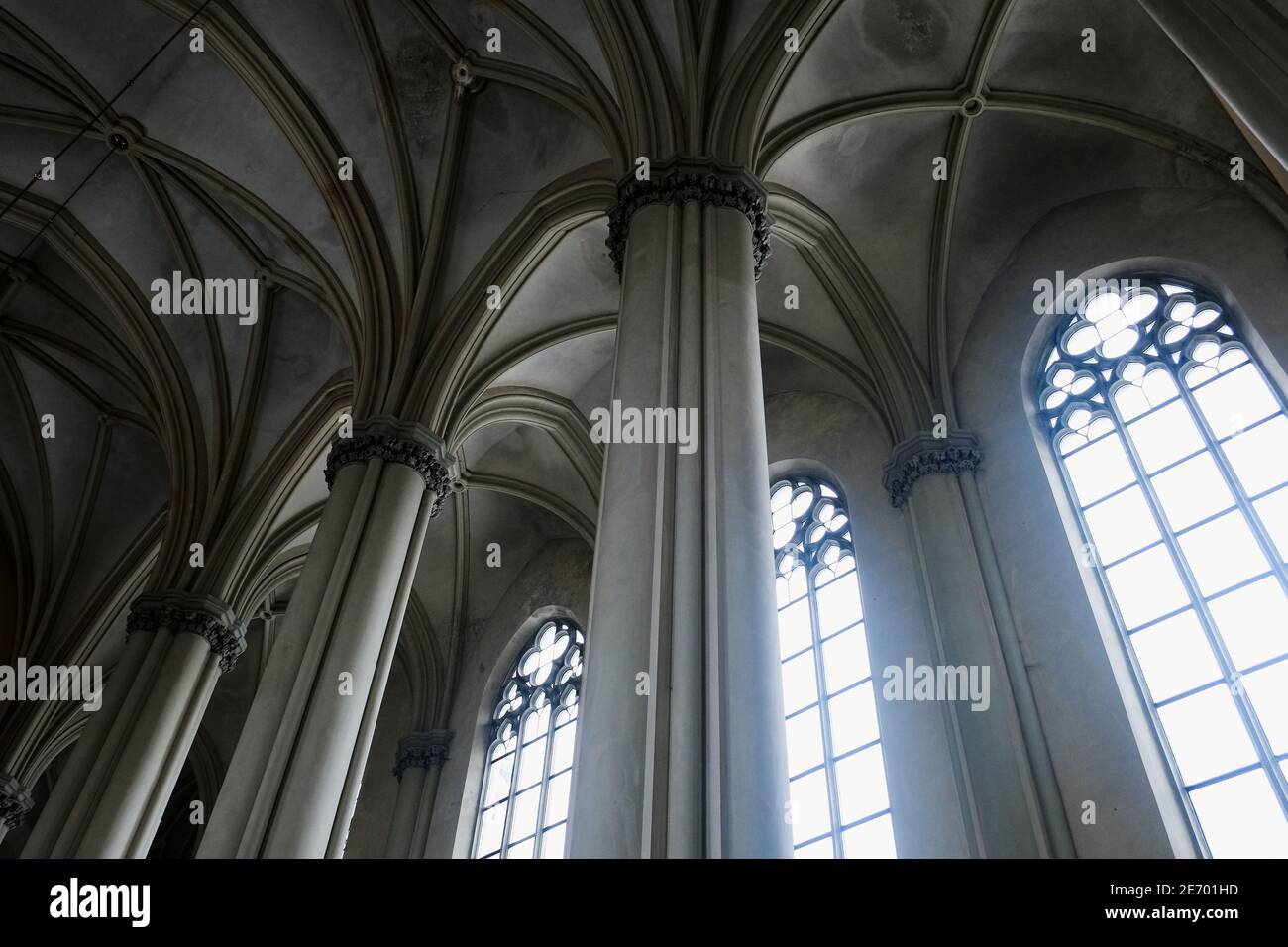 Lviv, Ucraina - Febbraio, 2018: Vista dell'interno gotico medievale della cattedrale con colonne e grandi finestre. La Chiesa dei santi. Olha ed Elizabeth Foto Stock