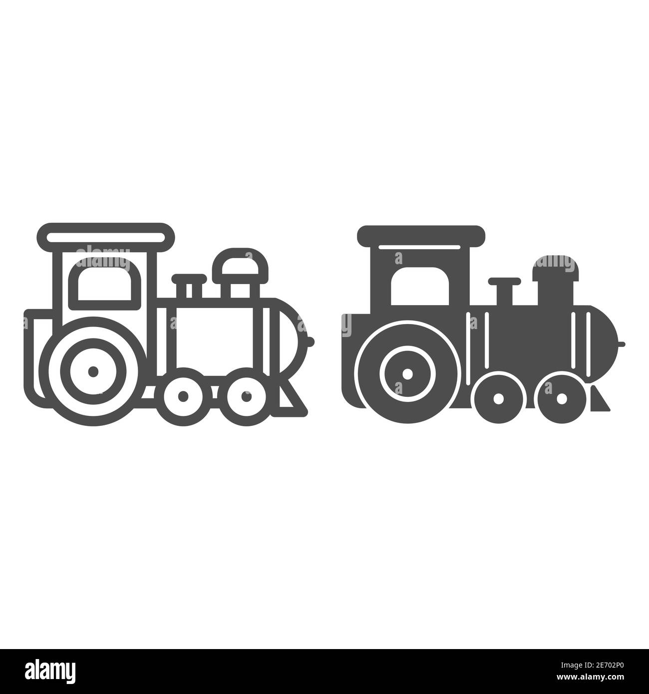 Linea giocattolo motore e icona solida, concetto giocattoli per bambini, piccolo segno treno su sfondo bianco, icona giocattolo locomotiva in stile profilo per il concetto mobile e. Illustrazione Vettoriale