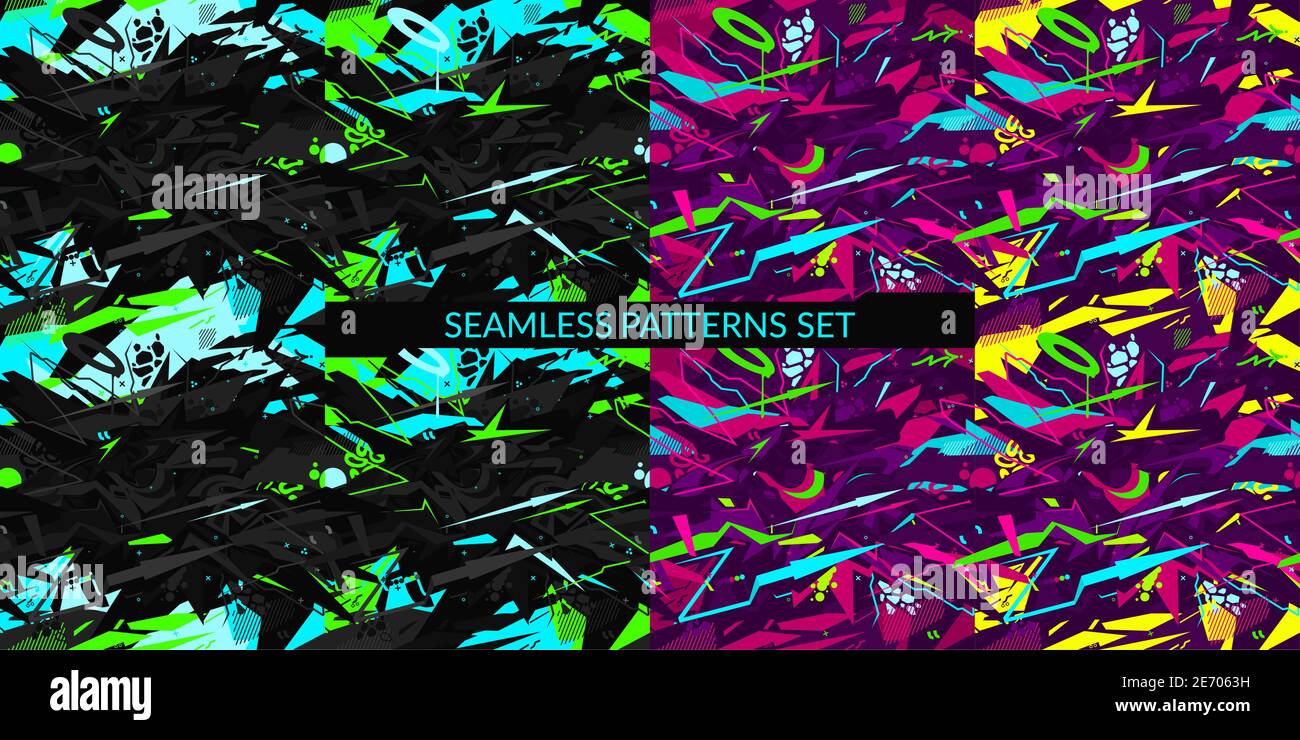Seamless Cyberpunk Neon Abstract Graffiti Style Patterns Set Vector Illustration Arte Illustrazione Vettoriale