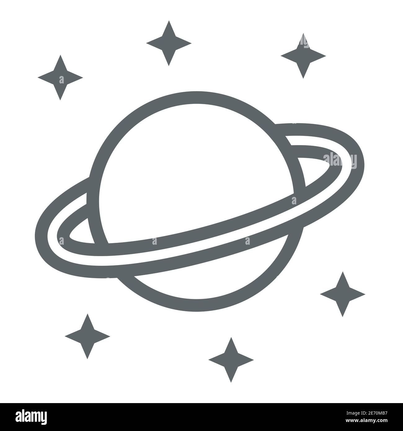 Icona della linea Planet Saturn, concetto di spazio, segno del pianeta e delle stelle su sfondo bianco, Saturno con icona del sistema planetario ad anello in stile contorno per dispositivi mobili Illustrazione Vettoriale