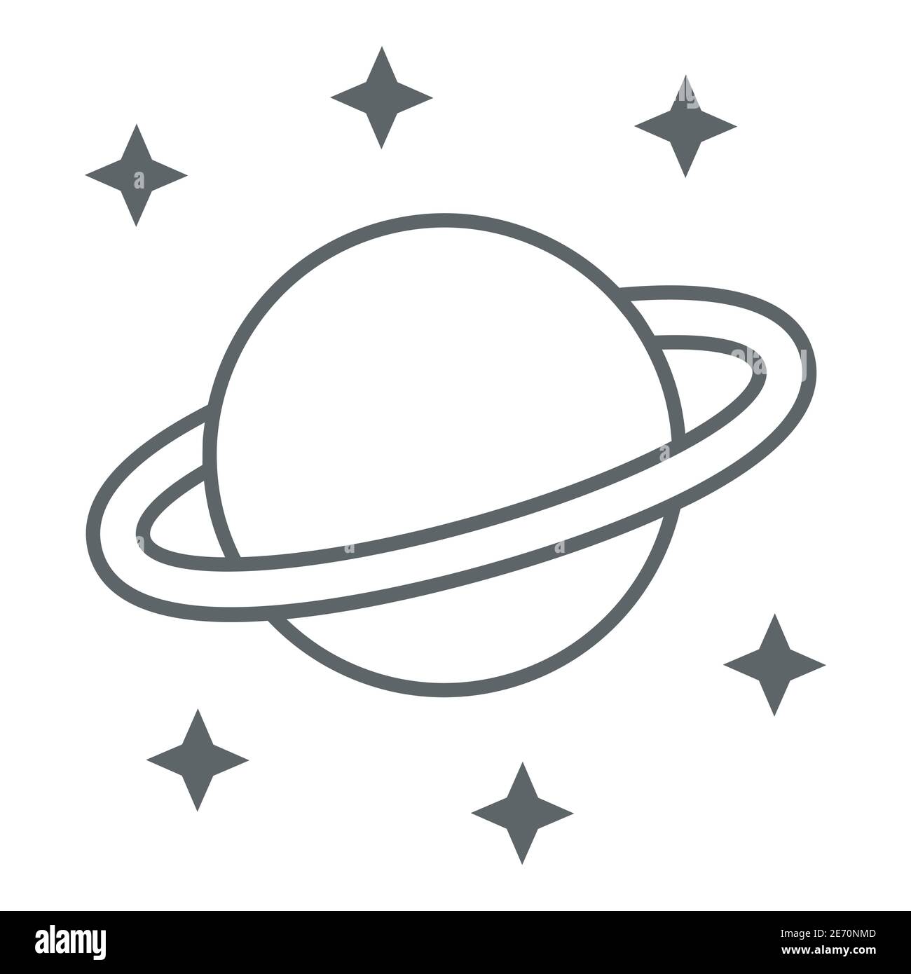 Icona linea sottile Planet Saturn, concetto di spazio, segno pianeta e stelle su sfondo bianco, Saturno con icona sistema ad anello planetario in stile contorno per Illustrazione Vettoriale