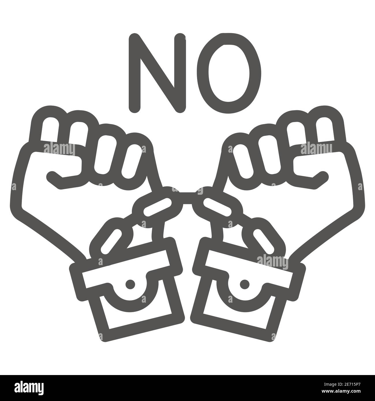 Icona della linea di simboli No to shackles, concetto Black Lives Matter, nessun segno di violenza contro i neri su sfondo bianco, icona mani manciate nel contorno Illustrazione Vettoriale