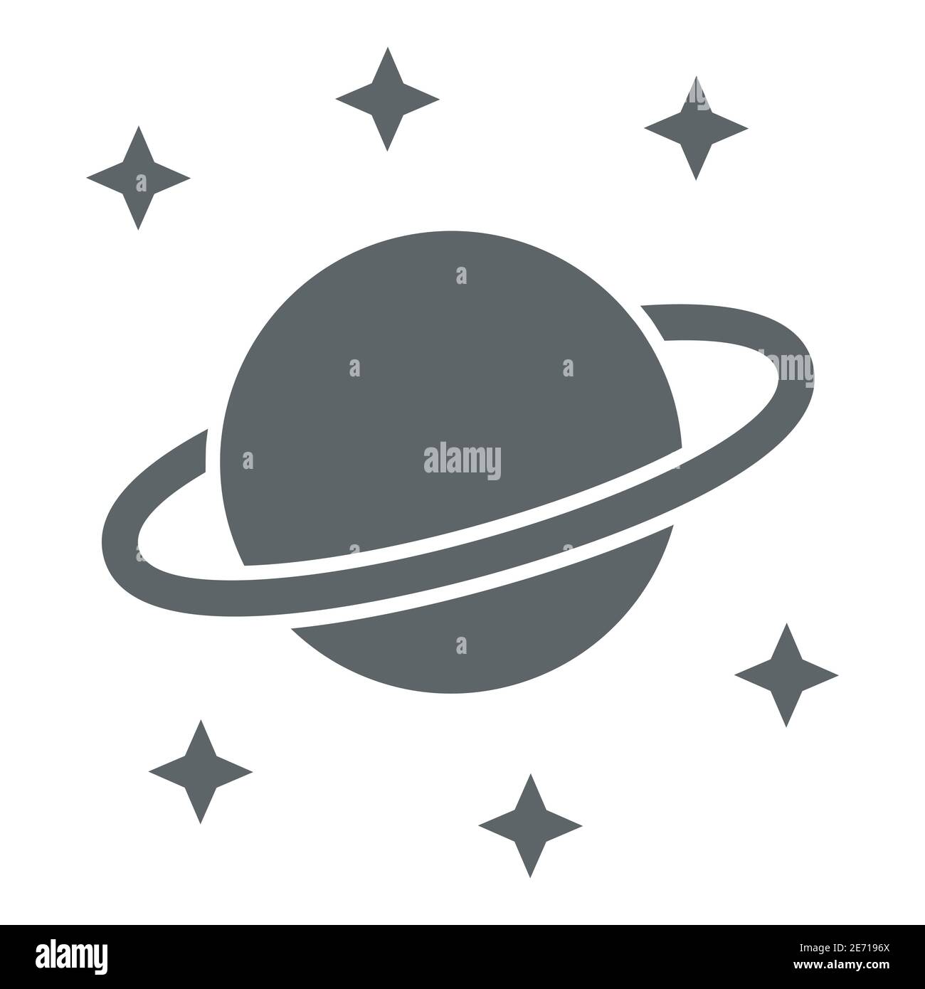 Planet Saturn icona solida, concetto di spazio, pianeta e stelle segno su sfondo bianco, Saturno con l'icona del sistema planetario ad anello in stile glifo per dispositivi mobili Illustrazione Vettoriale