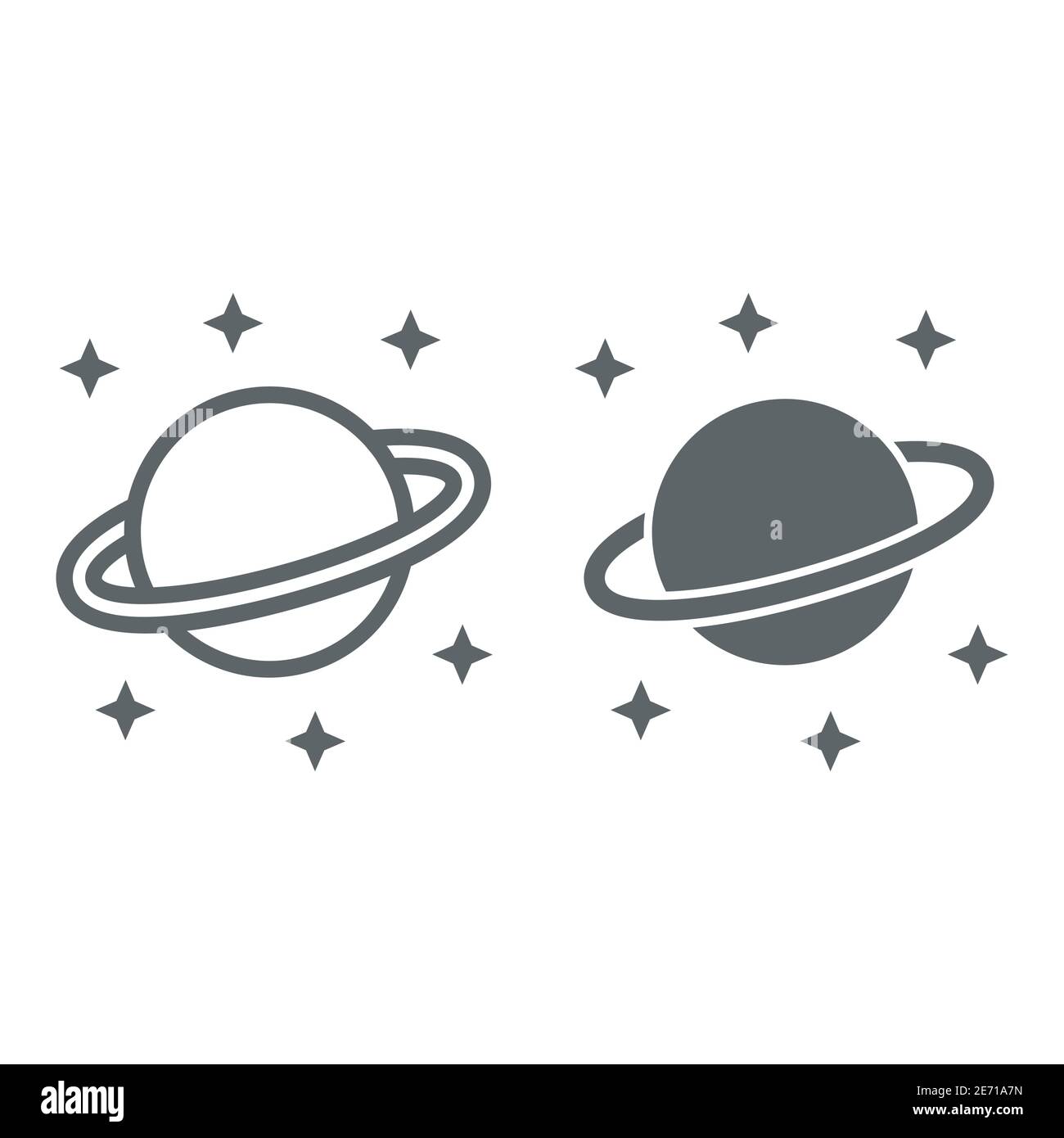 La linea e l'icona del pianeta Saturno, il concetto di spazio, il pianeta e le stelle su sfondo bianco, Saturno con l'icona del sistema ad anello planetario in stile contorno Illustrazione Vettoriale