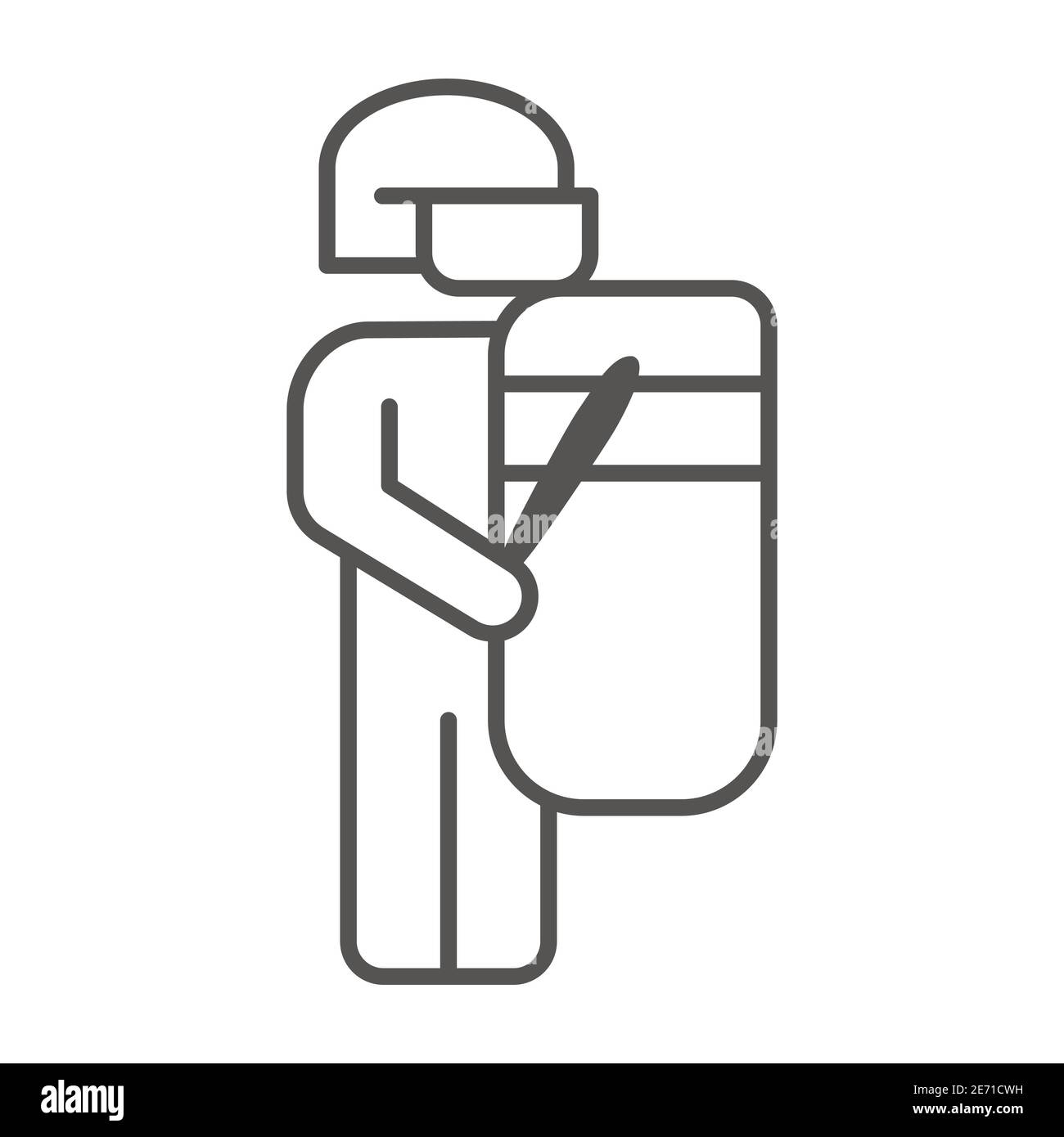 Poliziotto con icona sottile scudo, Black Lives Matter Concept, Nessuna violenza contro il segno nero su sfondo bianco, ufficiale uniforme in piedi con Illustrazione Vettoriale