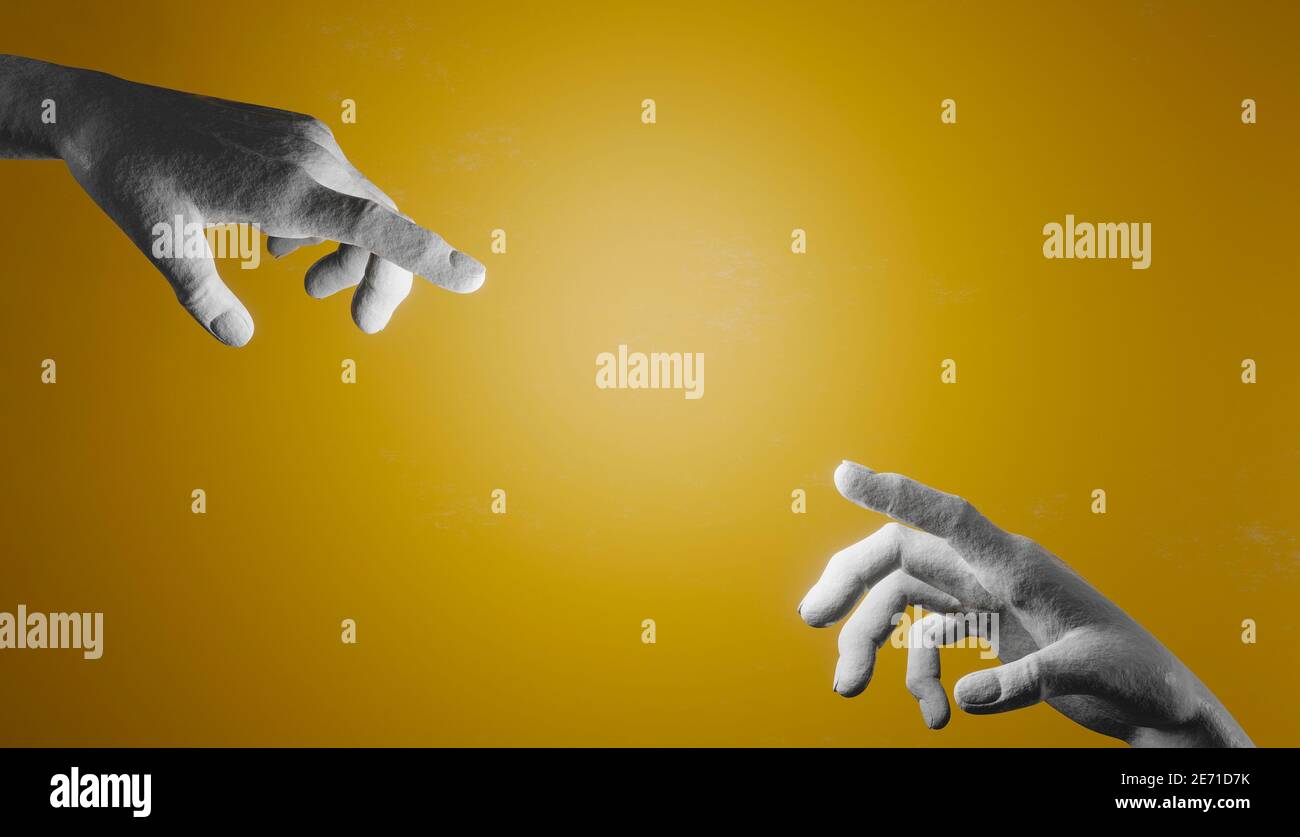 due mani di cemento che cercano di toccarsi con le dita su uno sfondo giallo illuminato dal centro. rendering 3d Foto Stock