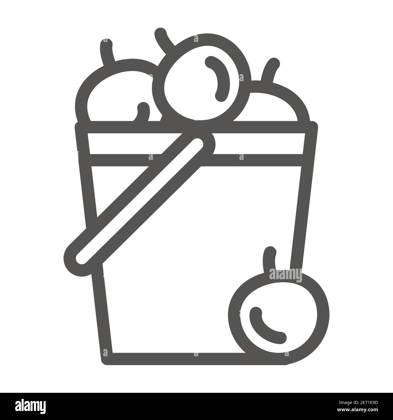 Icona della linea di mele, concetto di giardinaggio e giardino, simbolo di raccolta su sfondo bianco, secchio da giardino con icona di mele in stile profilo per dispositivi mobili Illustrazione Vettoriale