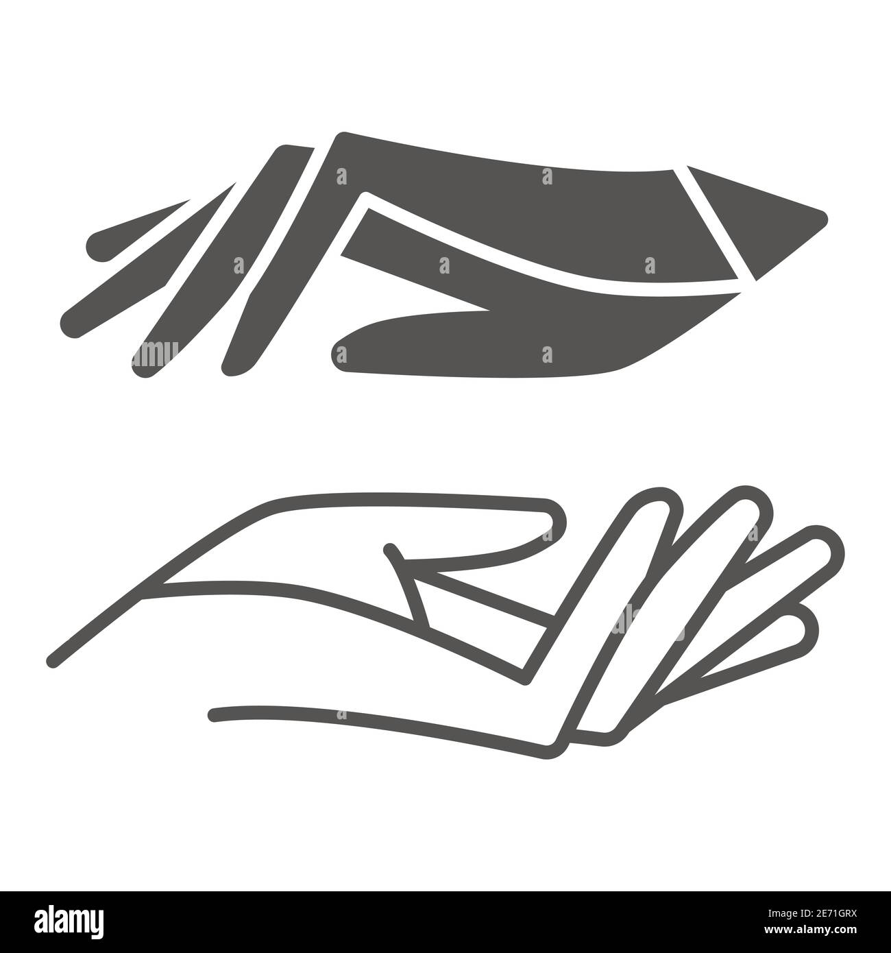 Icona della linea sottile dell'armonia dei bianchi e dei neri, concetto di Black Lives Matter, l'uguaglianza di tutte le razze segno su sfondo bianco, due mani con pelle diversa Illustrazione Vettoriale