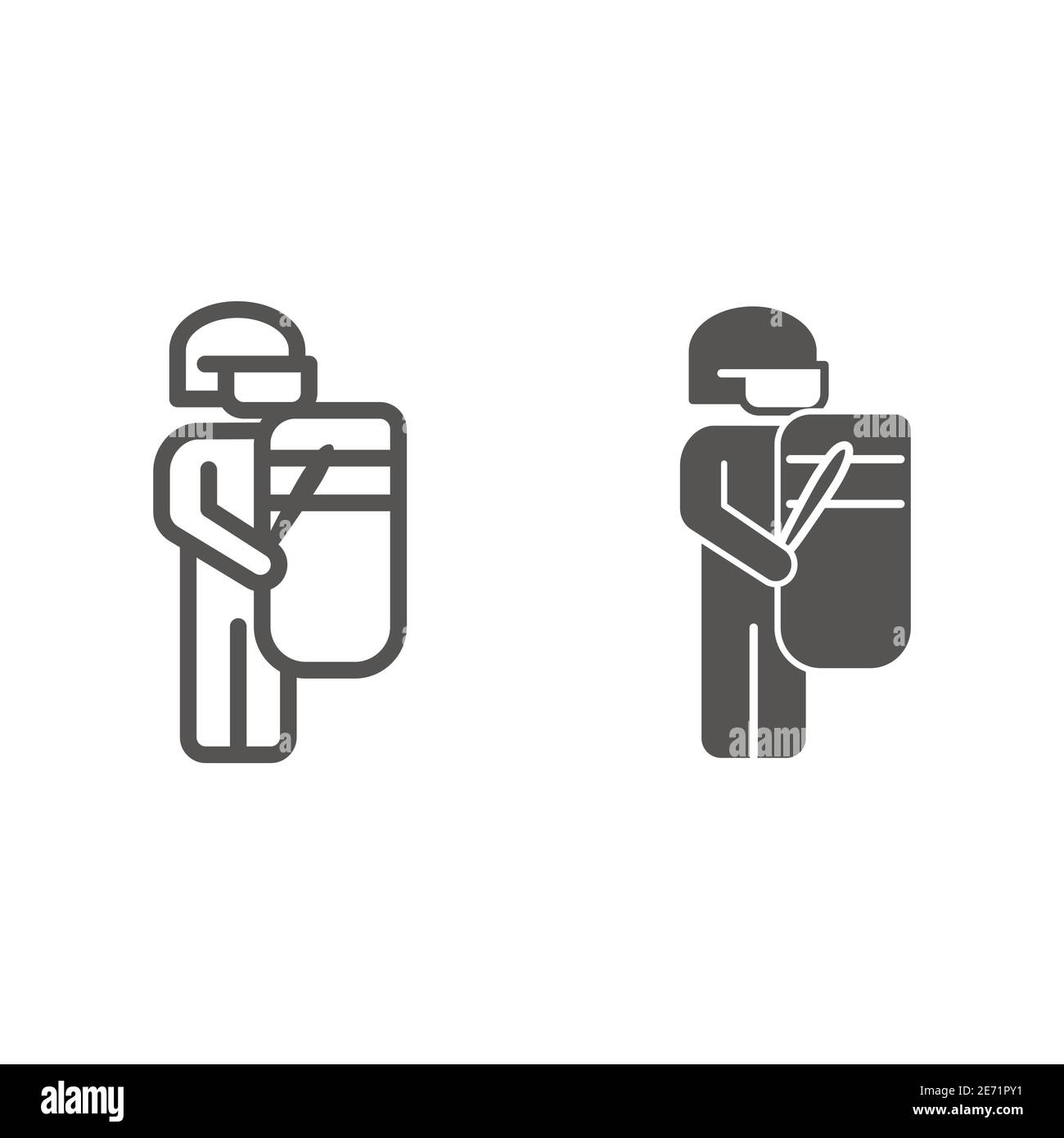 Poliziotto con linea di scudo e icona solida, concetto Black Lives Matter, nessuna violenza contro il segno nero su sfondo bianco, ufficiale in piedi uniforme Illustrazione Vettoriale