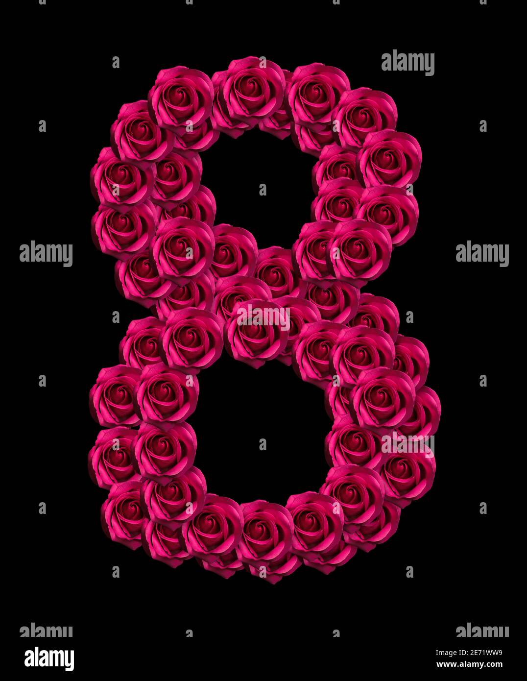 love concept immagine del numero 8 fatta di rose rosa isolate su sfondo nero. Elemento di design per temi d'amore Foto Stock