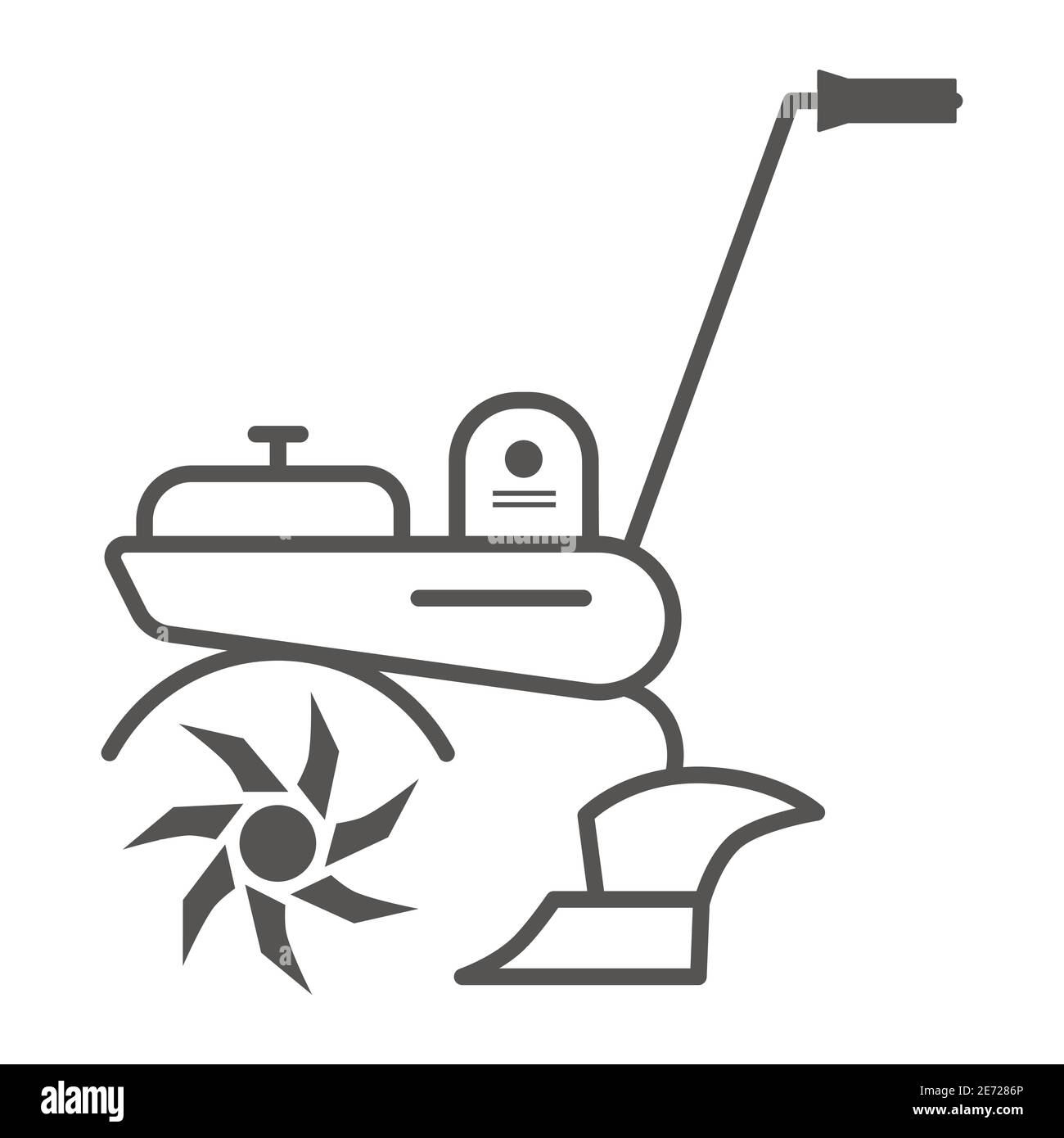 Icona della linea sottile del coltivatore, concetto di giardino e giardinaggio, segno degli attrezzi del giardino su sfondo bianco, icona del coltivatore agricolo nello stile di contorno per Illustrazione Vettoriale