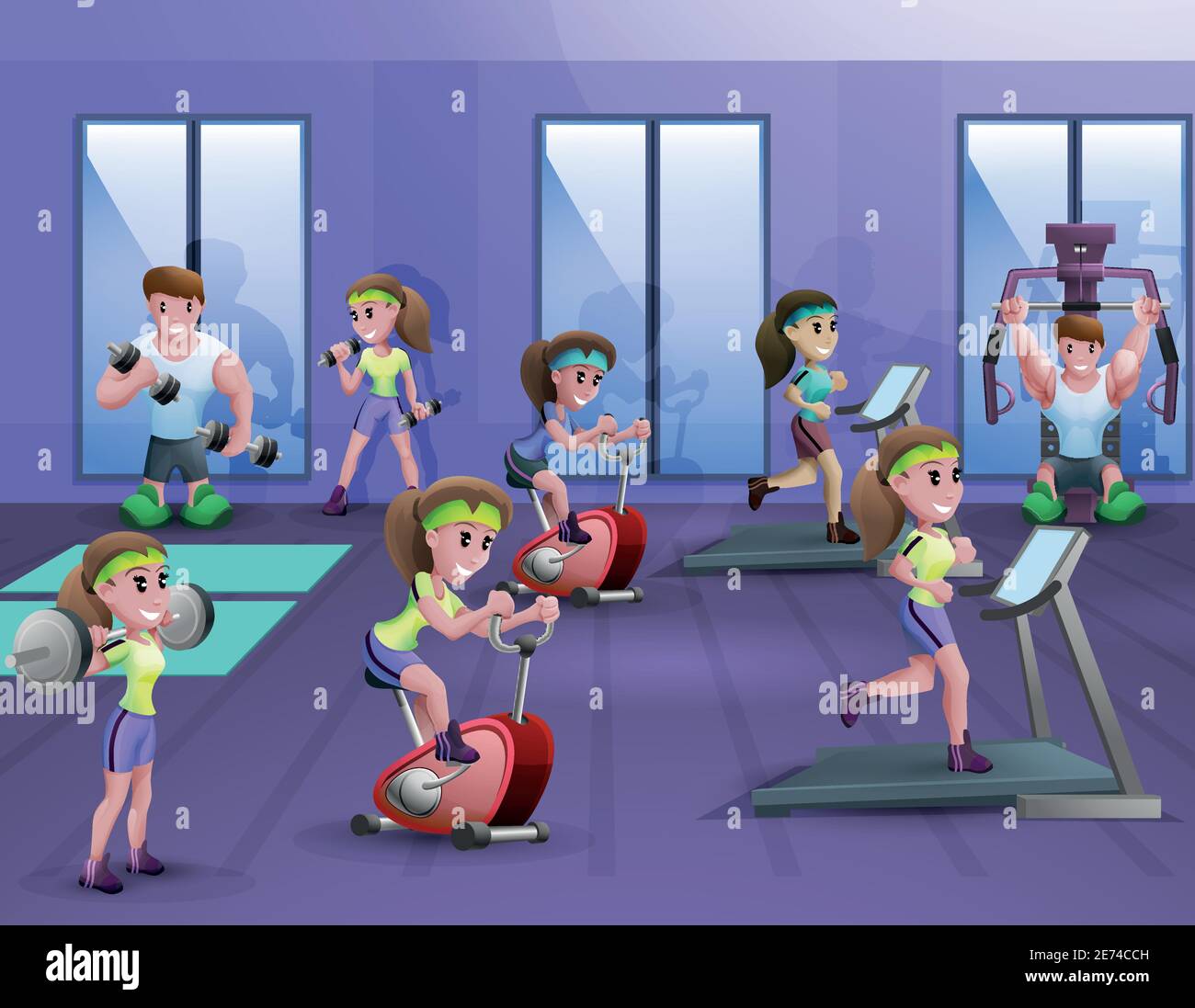 Poster della sala fitness con cui si allenano uomini e donne illustrazione vettoriale cartoon di attrezzature diverse Illustrazione Vettoriale