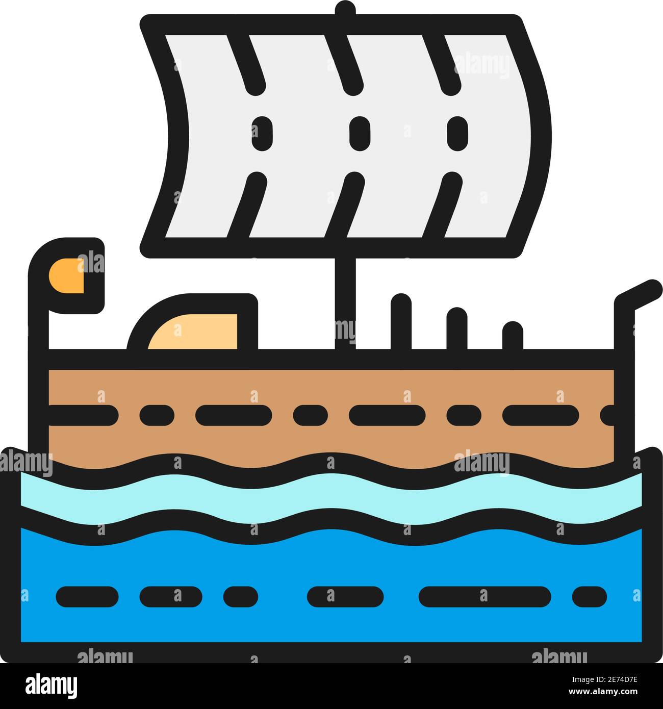 Antica nave egiziana, barca, feluca linea colore piatto icona. Illustrazione Vettoriale