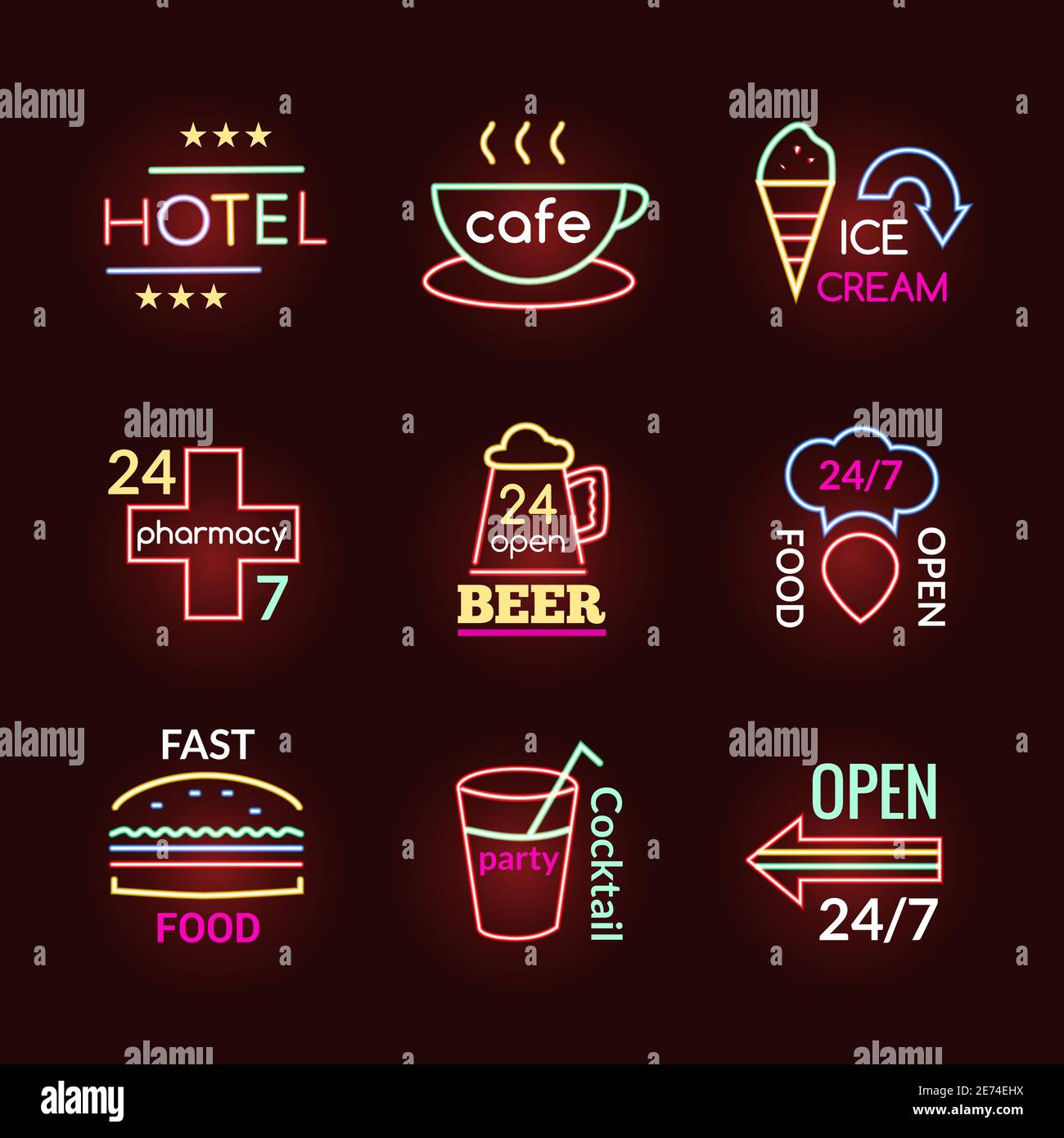 Al neon segni di birreria hotel e farmacia set isolato illustrazione vettoriale Illustrazione Vettoriale
